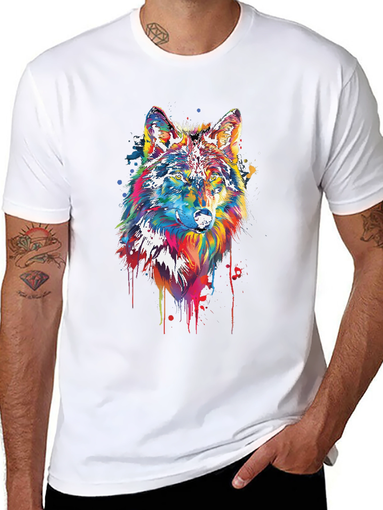 Black Colorful Wolf Graphic Tee - Black Cotton Blend view 8