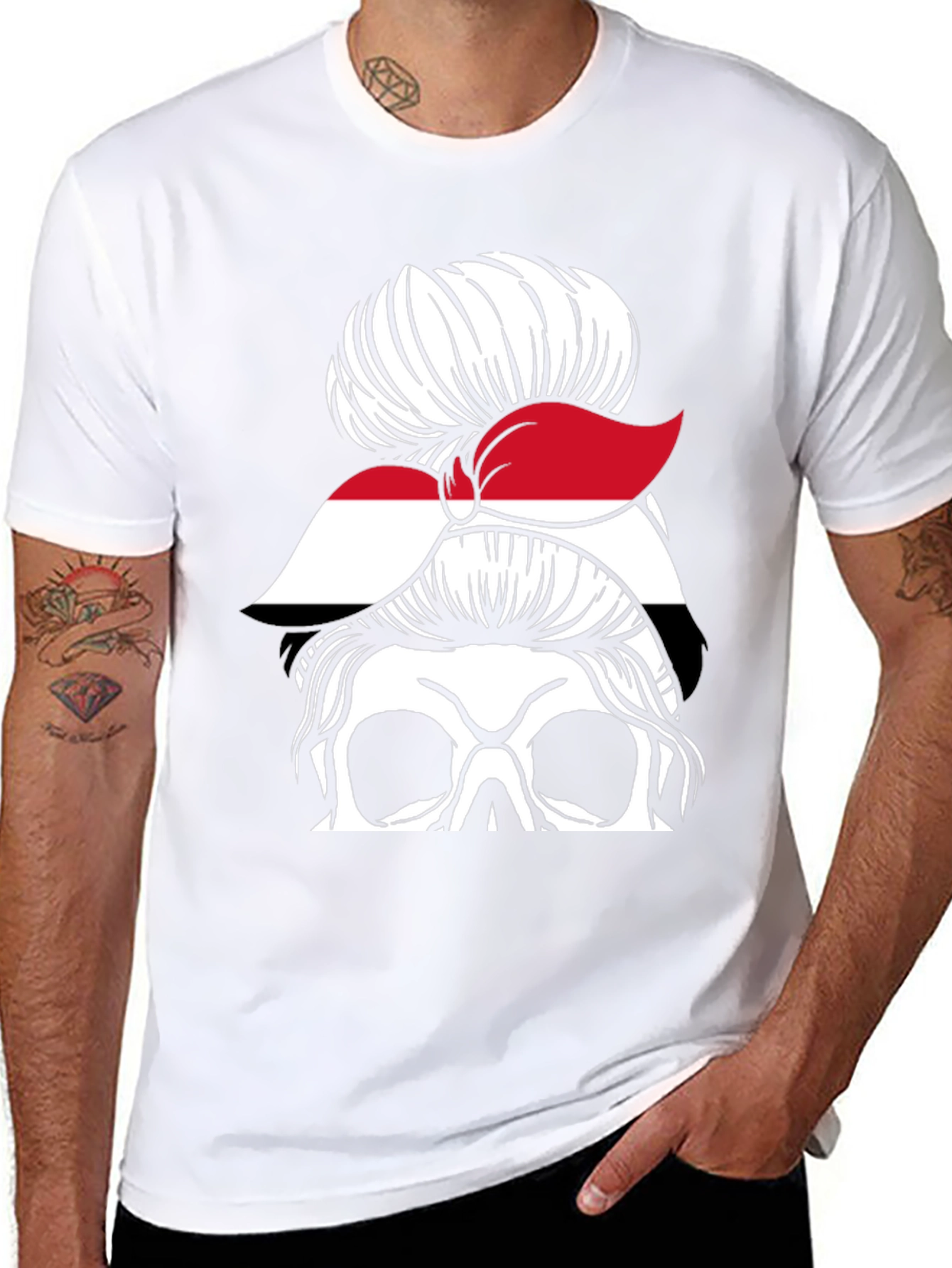 Messy Bun Yemen Flag Skull T-Shirt - 8