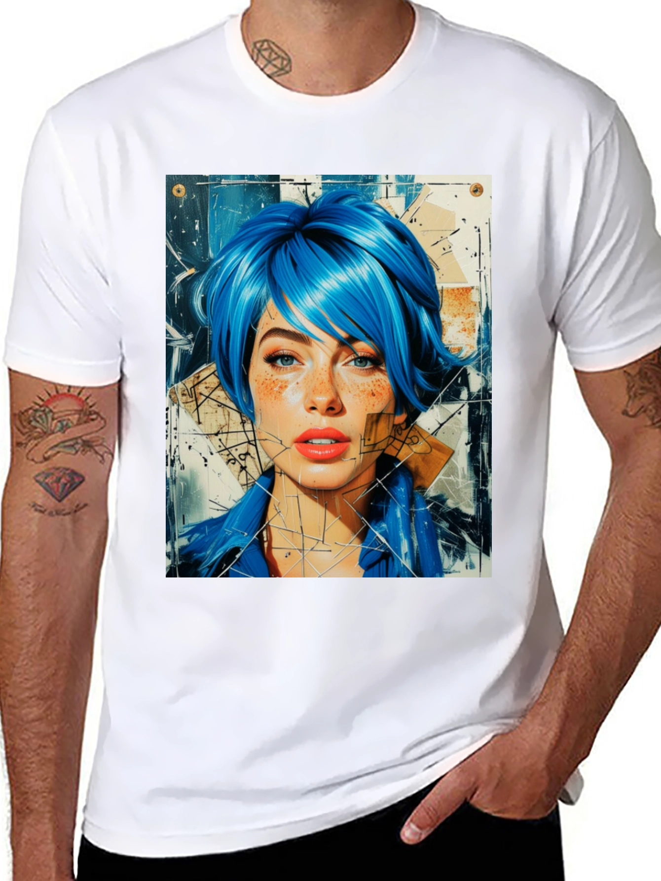 Abstract Blue Hair Woman Graphic Tee - 8