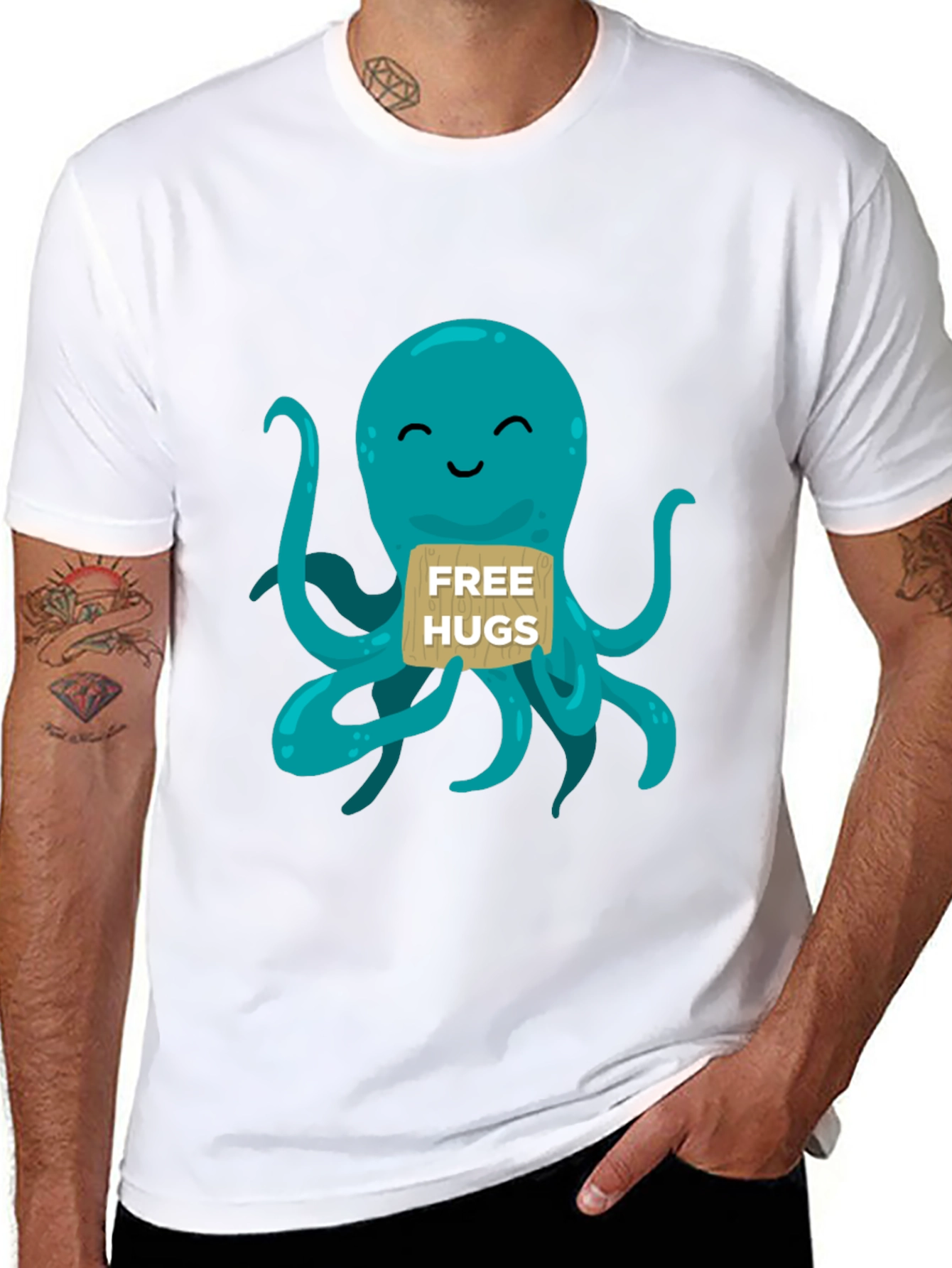 Black Cute Octopus 'Free Hugs' Graphic T-Shirt view 8