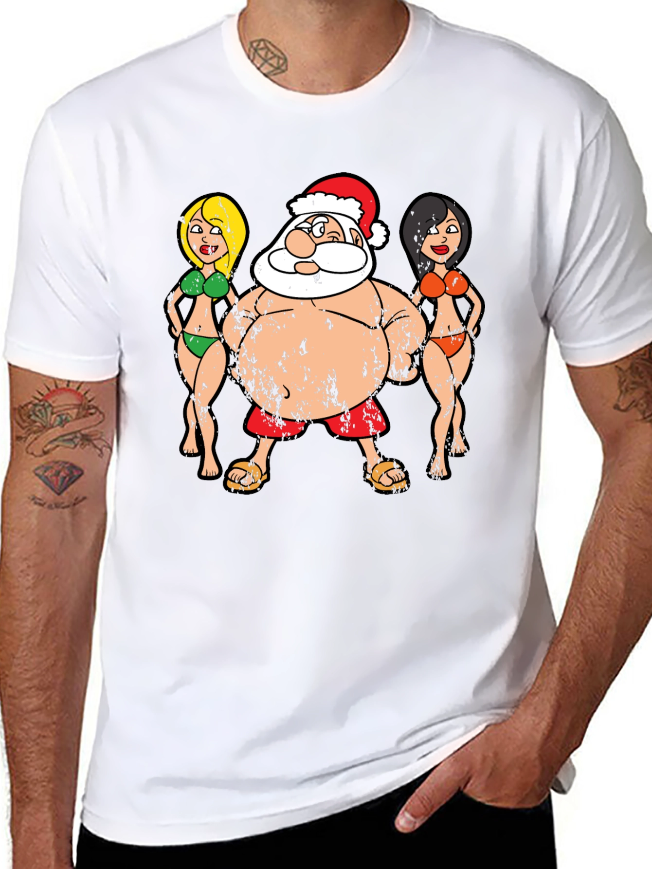 Black Funny Santa and Bikini Girls Graphic Tee view 8