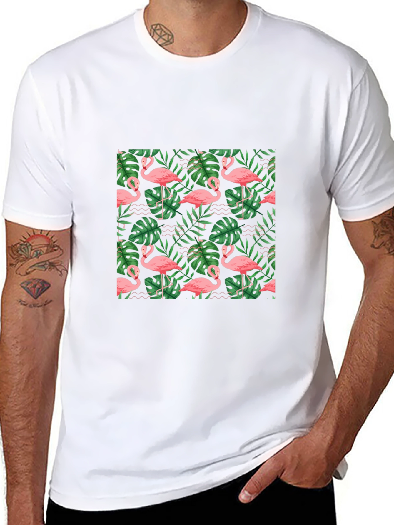 Black Tropical Flamingo Print Black T-Shirt view 8