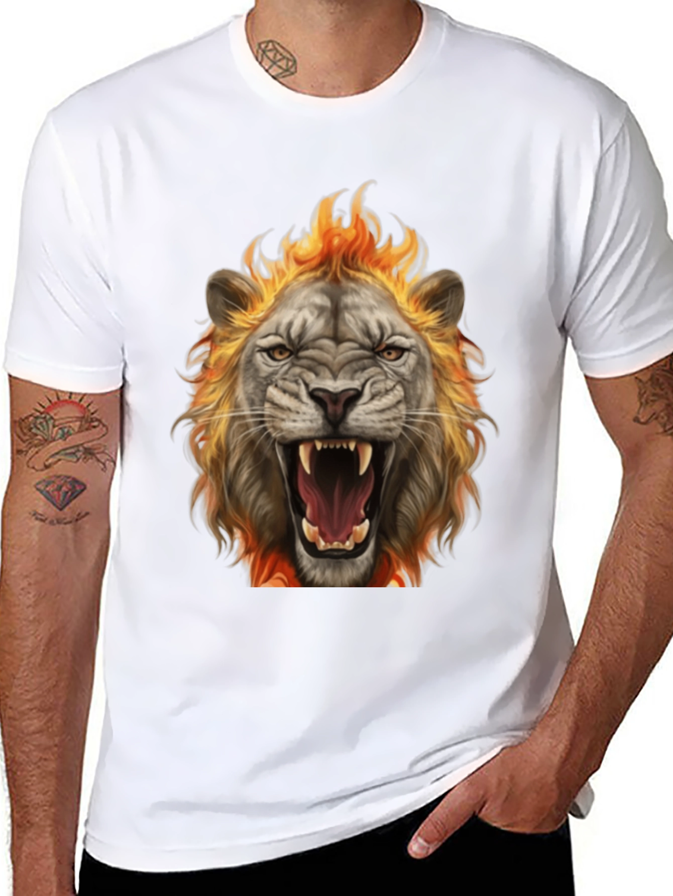 Black Fiery Lion Graphic Tee - Bold Animal Print T-Shirt view 8