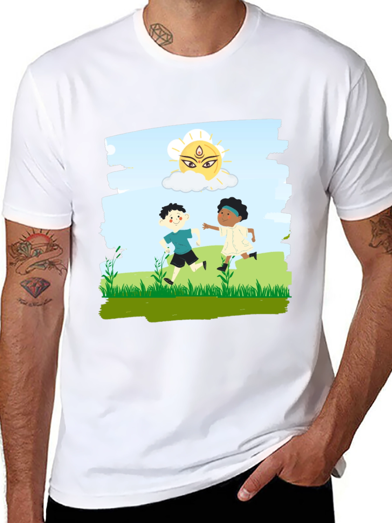 Black Kids Playing Graphic T-Shirt - Black Cotton Blend view 8