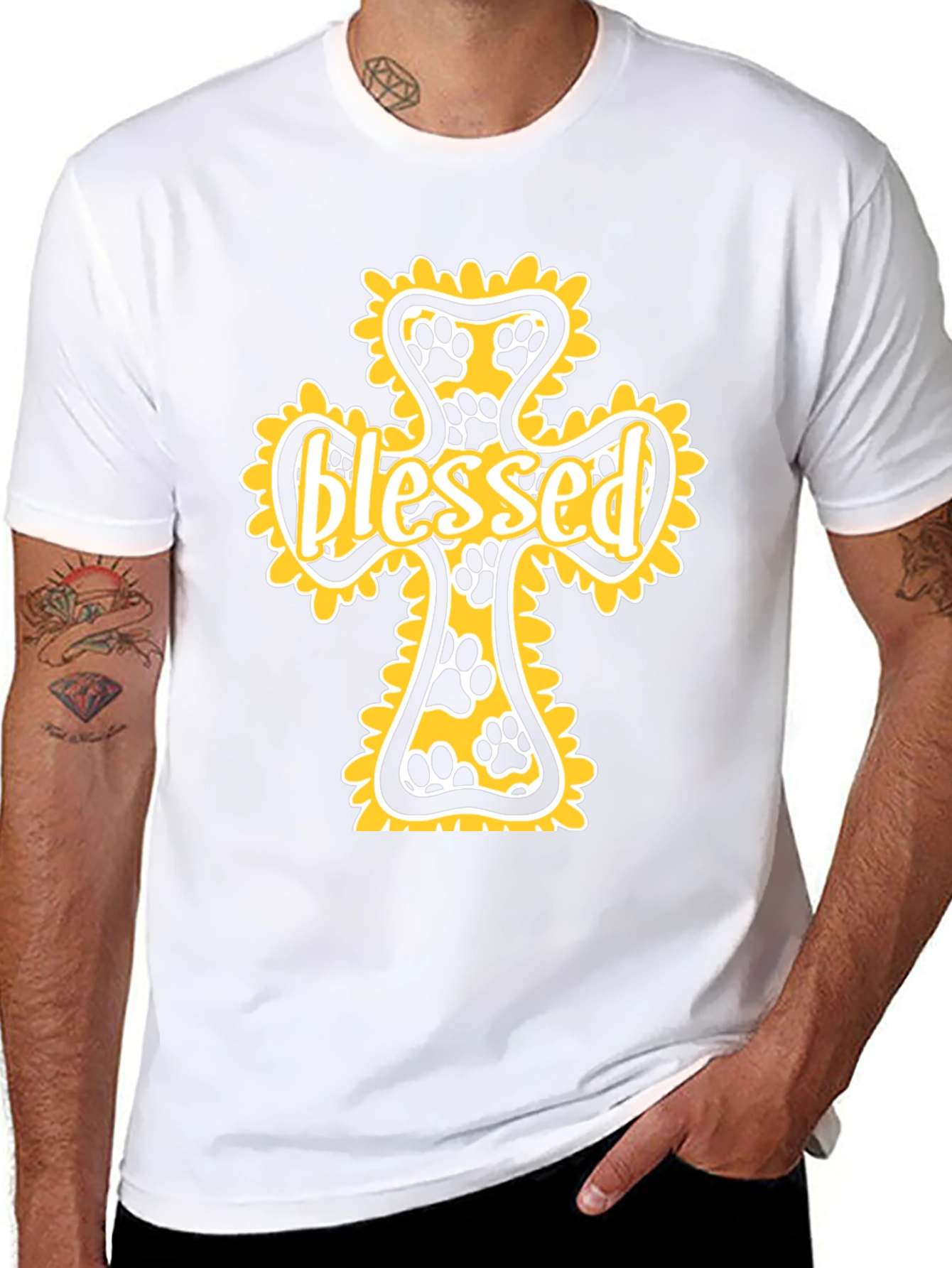 Black Blessed Paw Print Cross Graphic Tee view 8