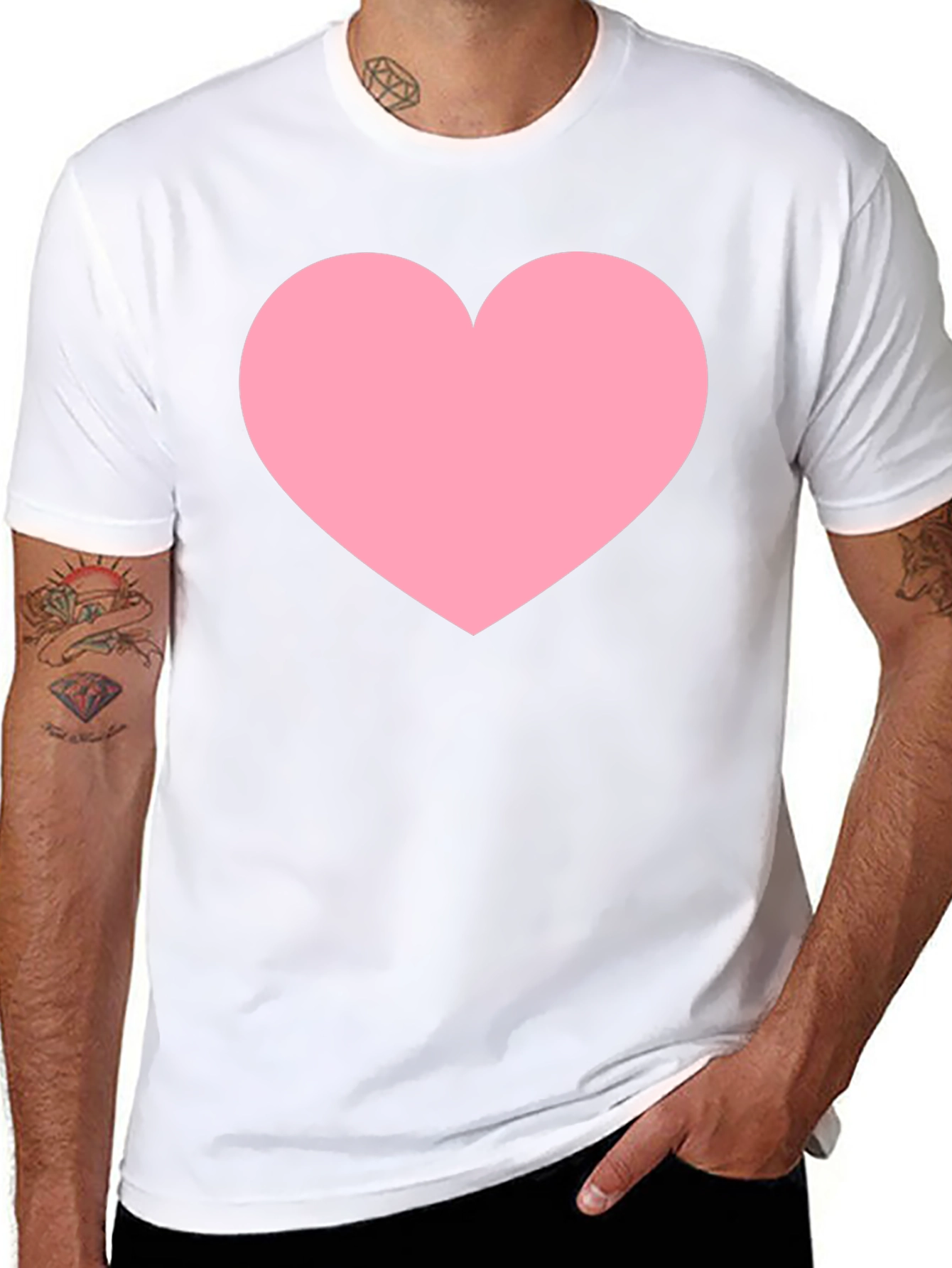 Black Men's Black T-Shirt with Pink Heart Print view 8