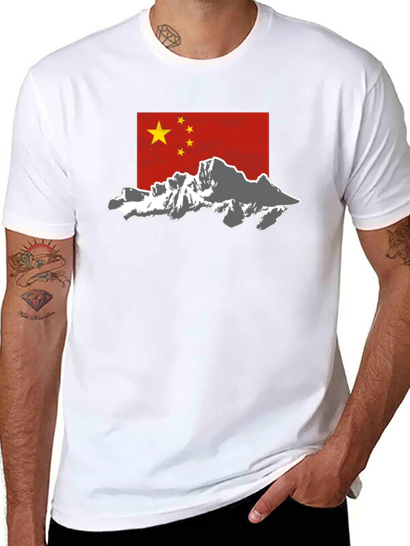 China Flag Mountain Graphic Tee - Black Cotton Casual T-Shirt - 8
