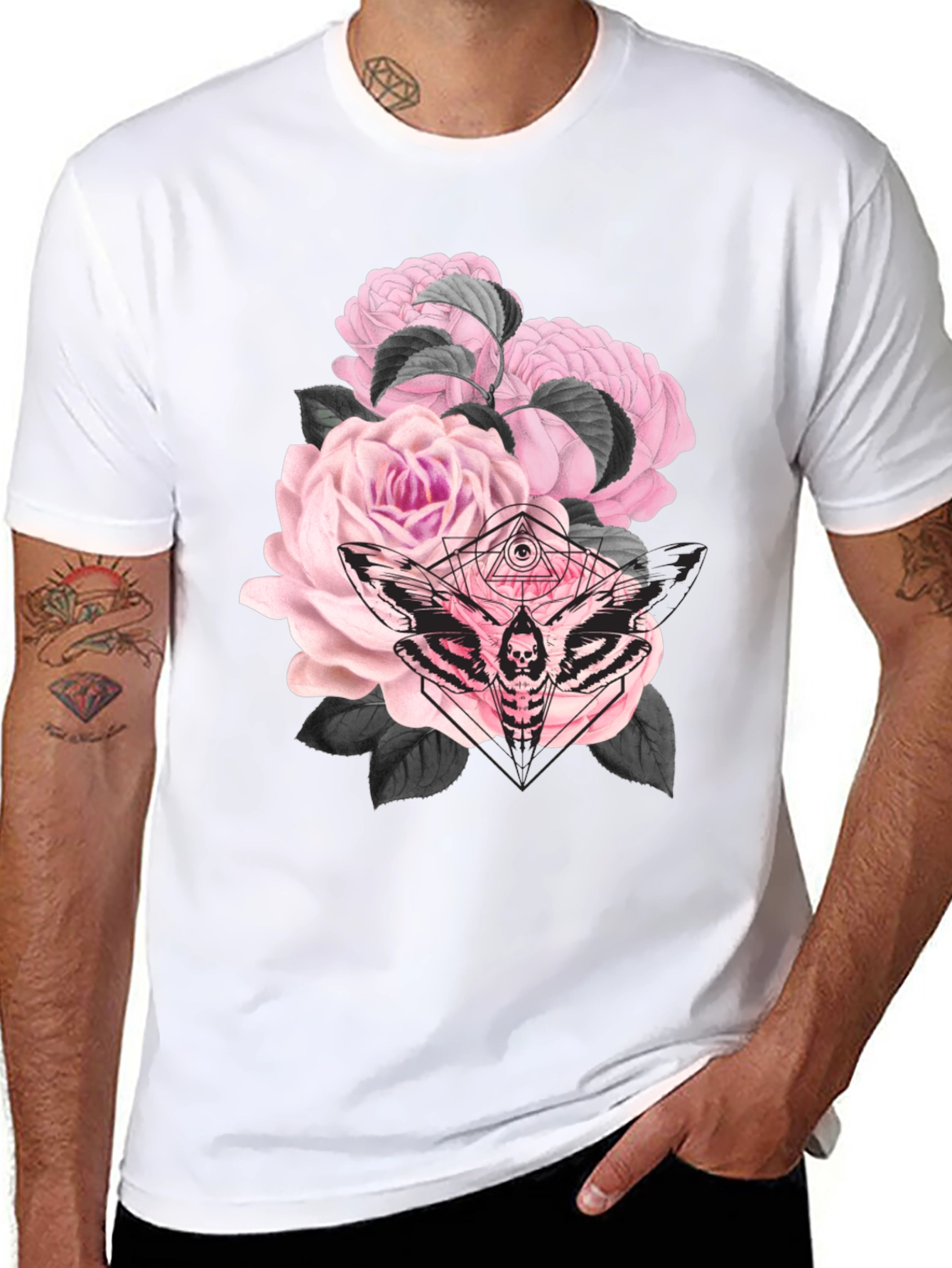 Black Gothic Floral Moth Black T-Shirt view 8