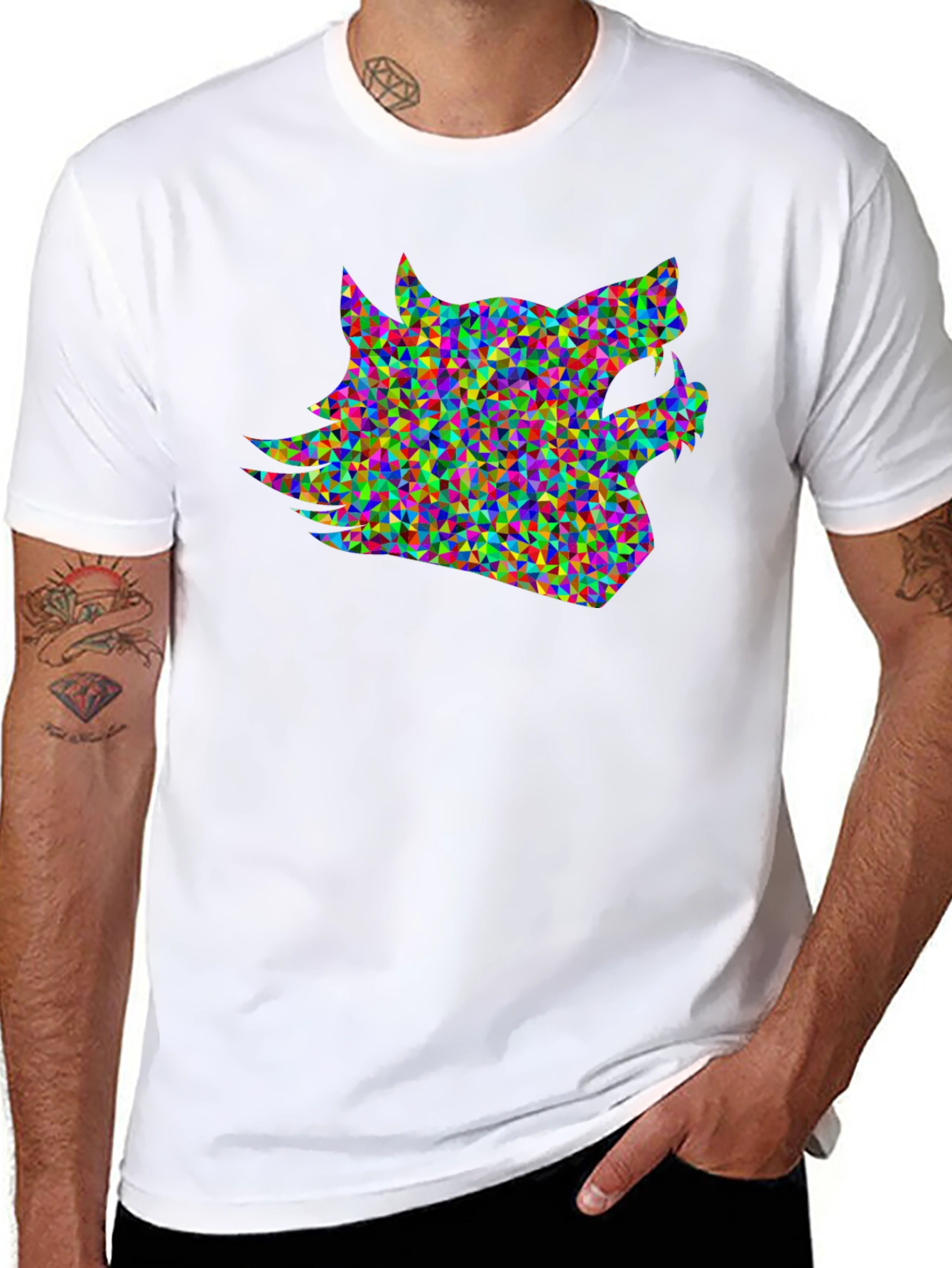 Black Geometric Wolf Head T-Shirt - Modern Abstract Design view 8
