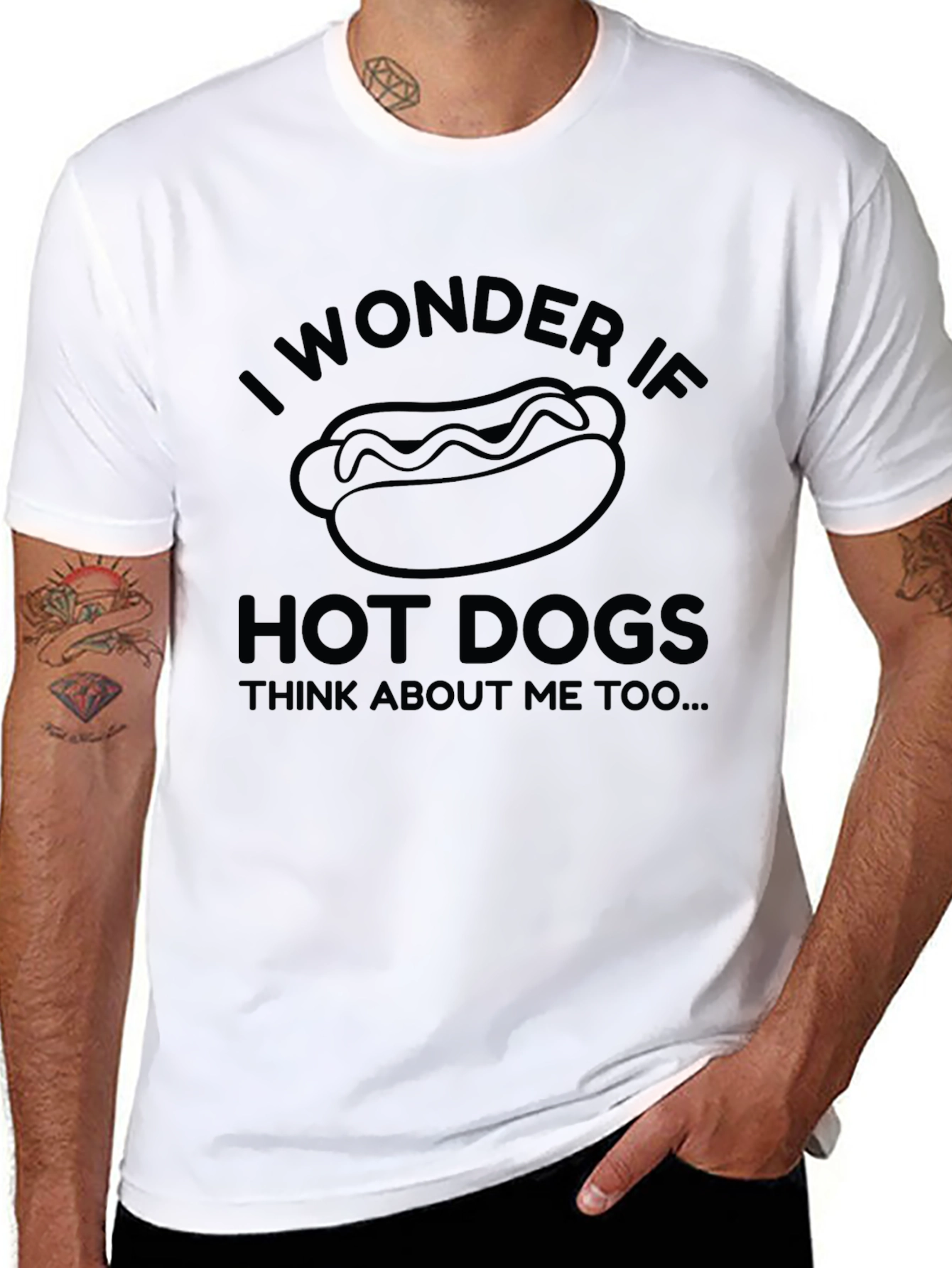Black Funny I Wonder If Hot Dogs Think About Me Too Black T-Shirt view 8