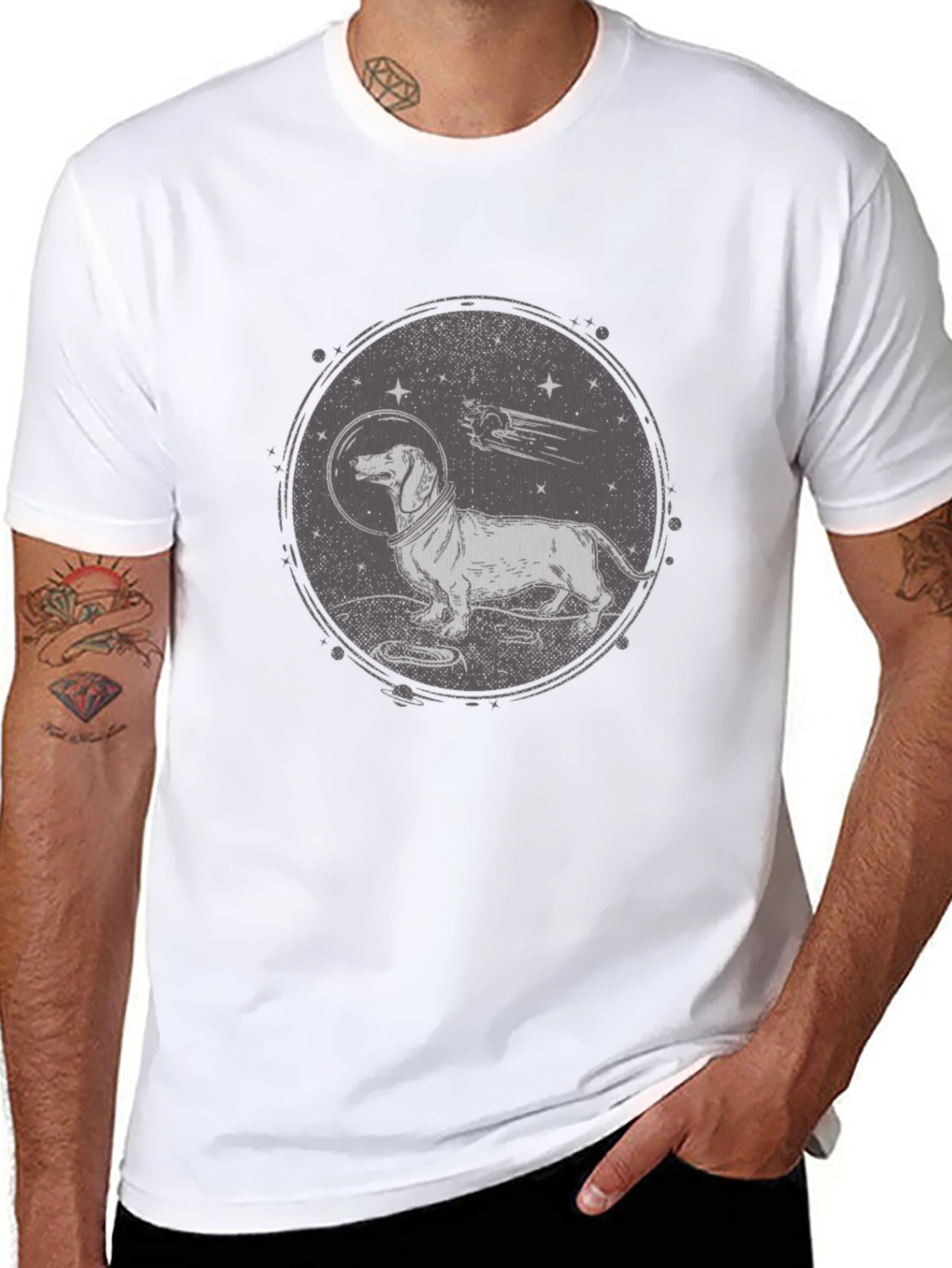 Black Dachshund Astronaut Graphic T-Shirt - Black Crew Neck view 8