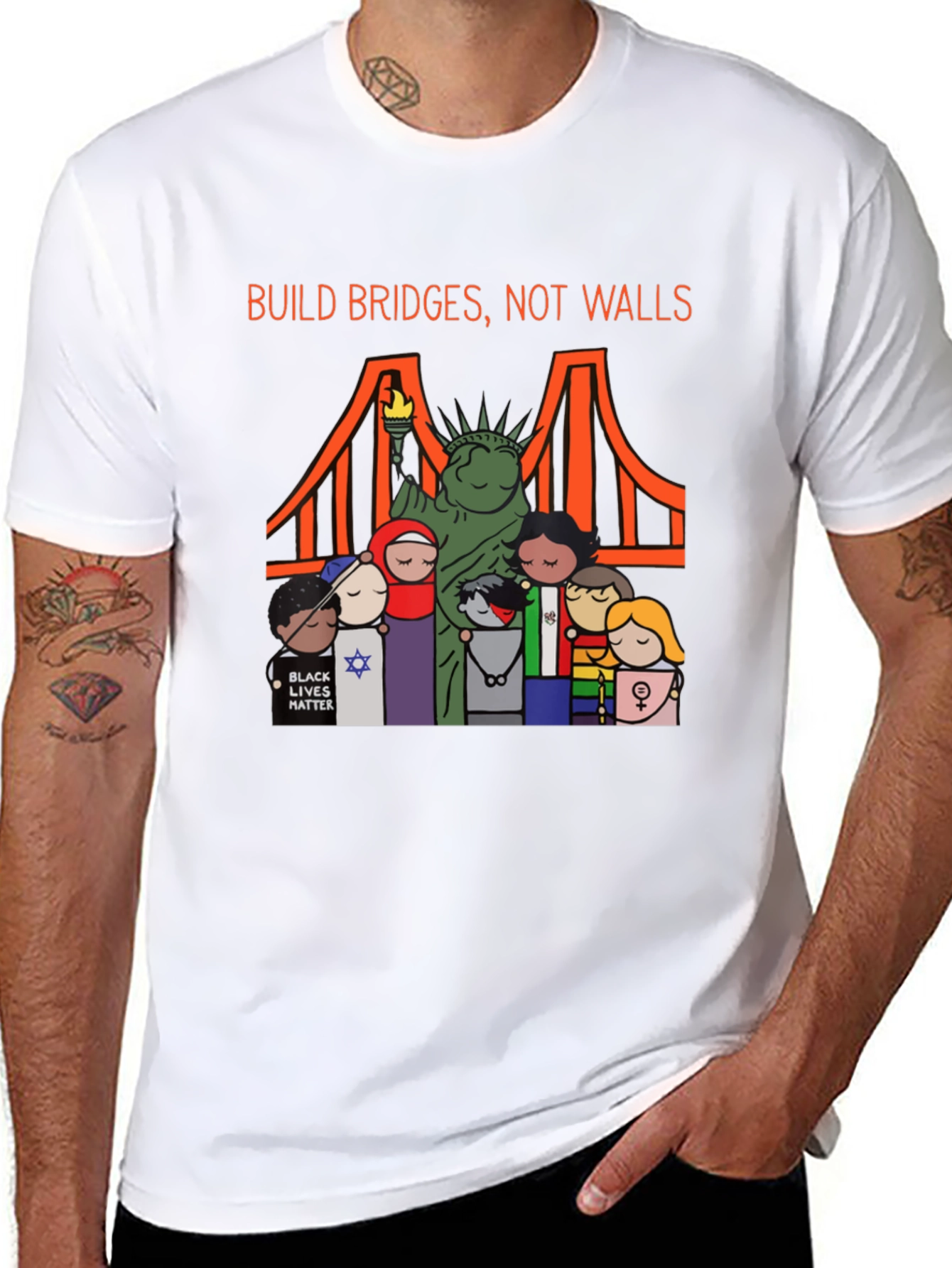 Black Build Bridges Not Walls Diversity Graphic Tee view 8