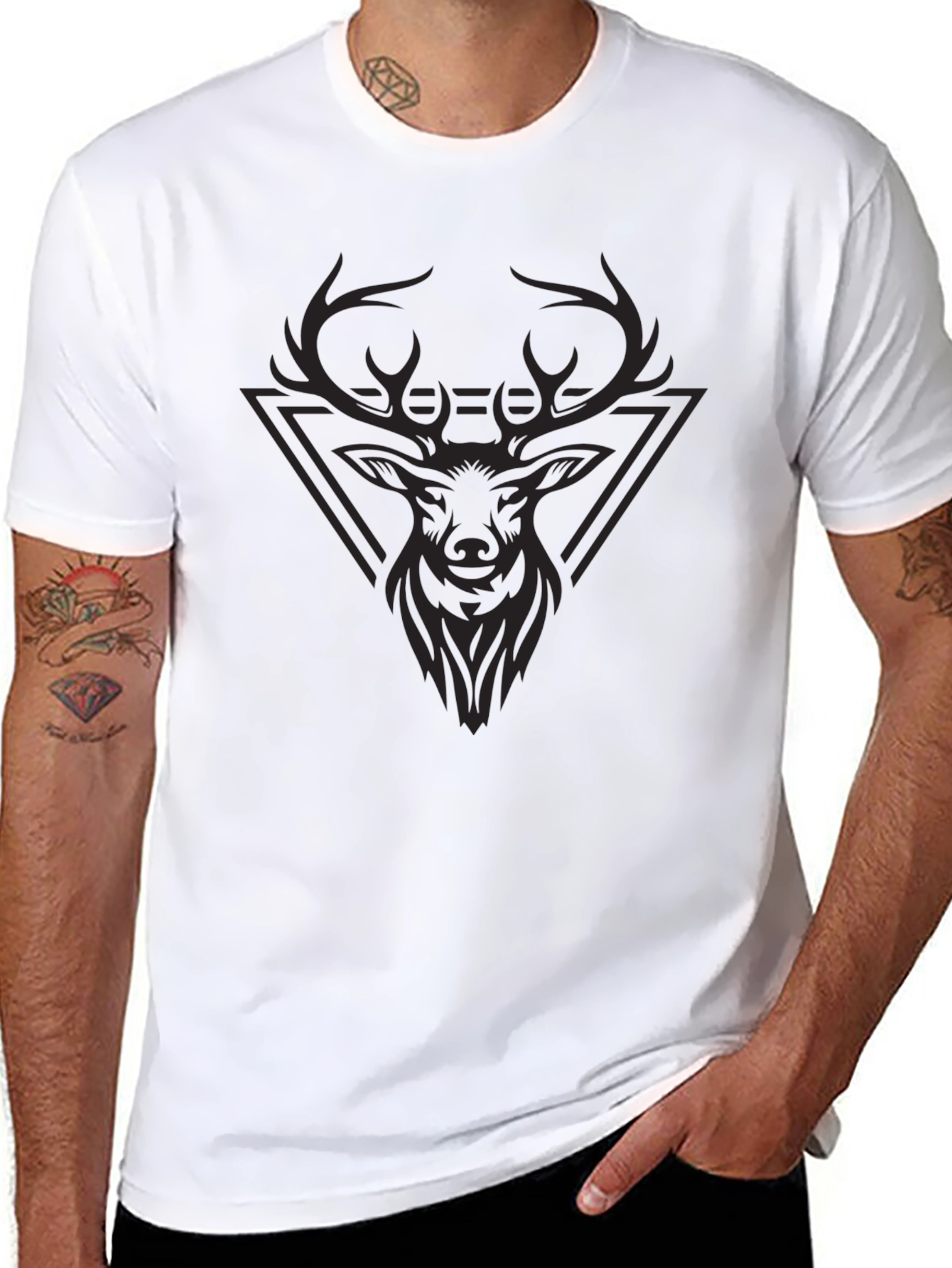 Black Men's Black T-Shirt with Stag Head Graphic view 8