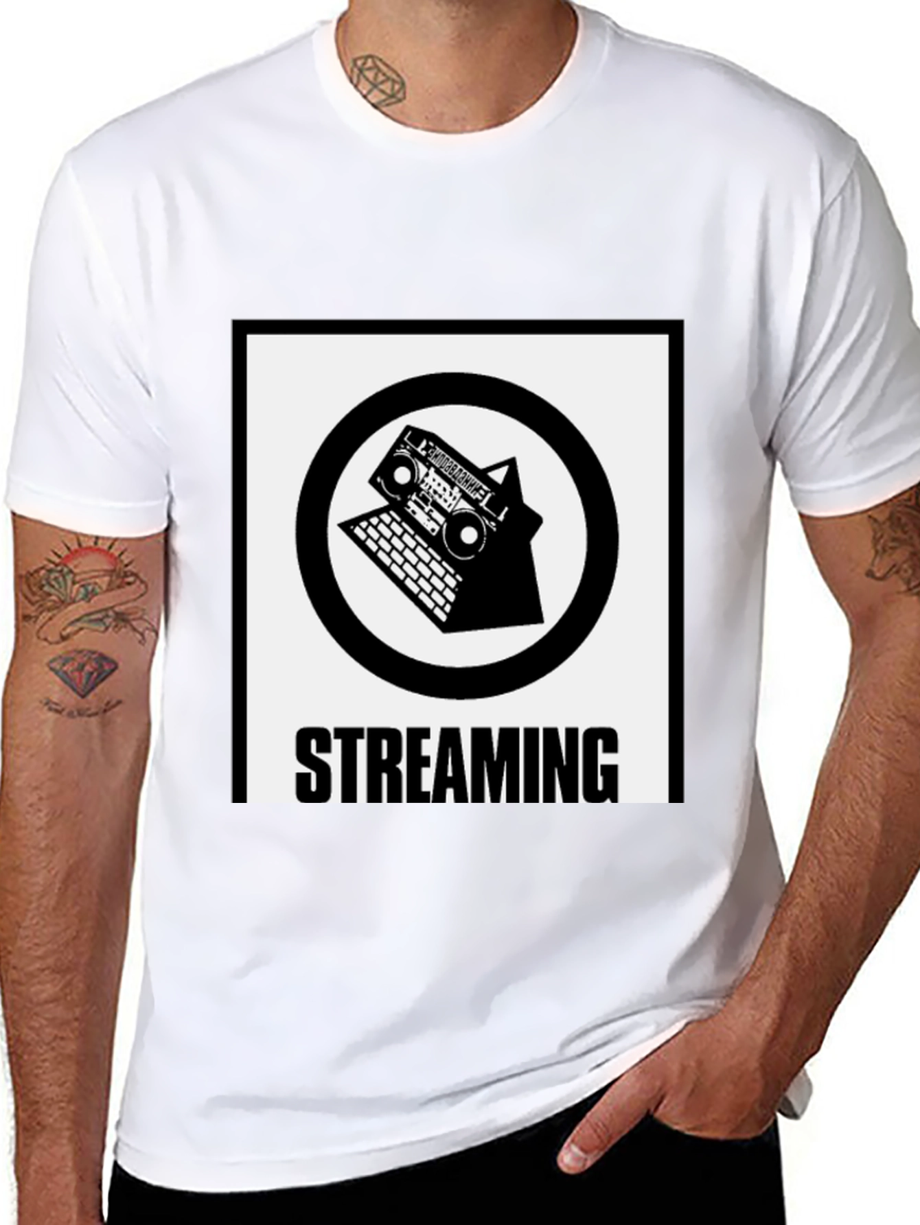 Black Streaming T-Shirt: Boombox & Laptop Design view 8