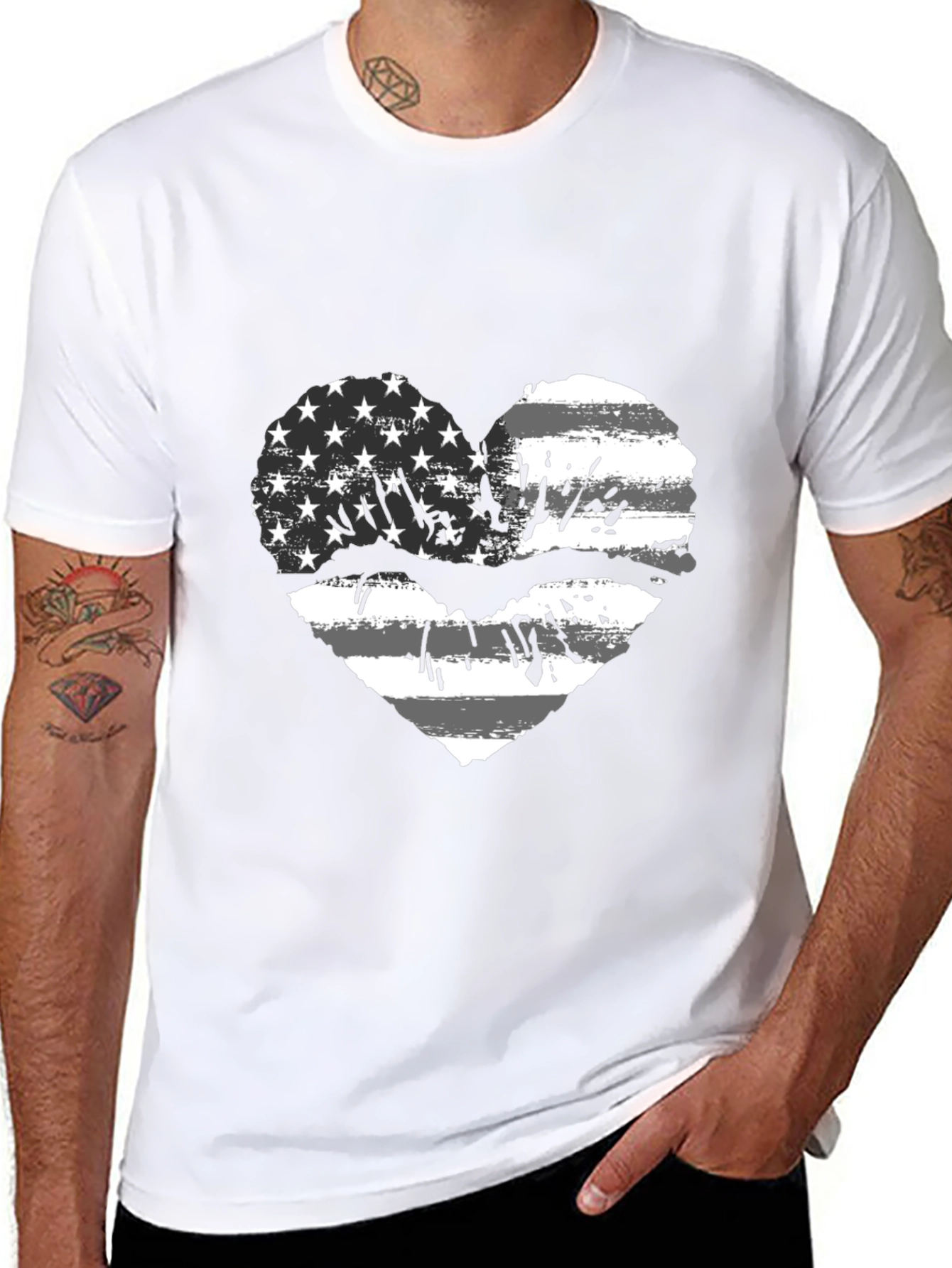 Black American Flag Heart Lips Black T-Shirt view 8