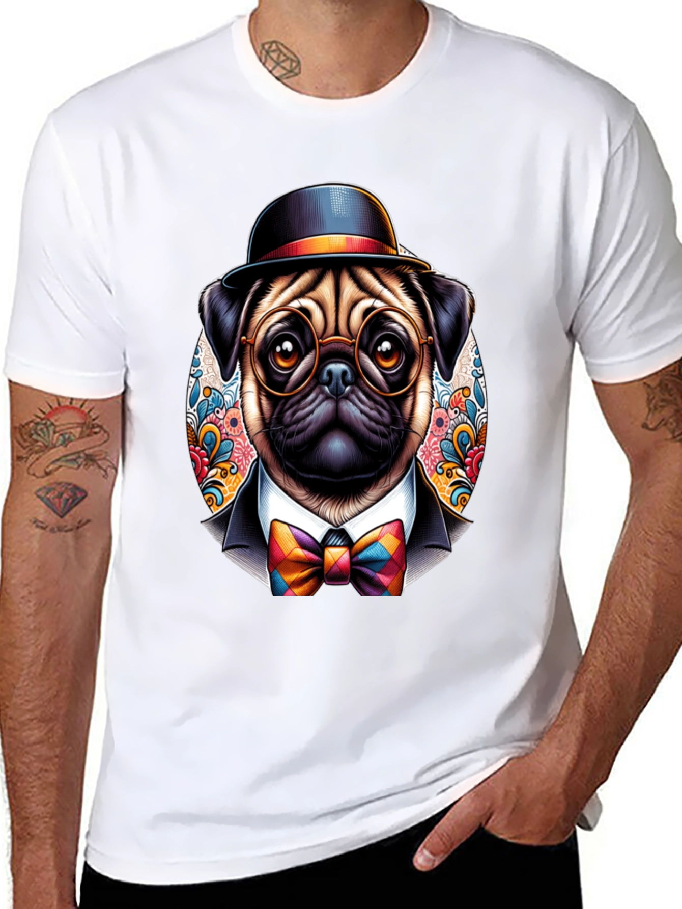 Black Dapper Pug T-Shirt - Stylish Dog Graphic Tee view 8