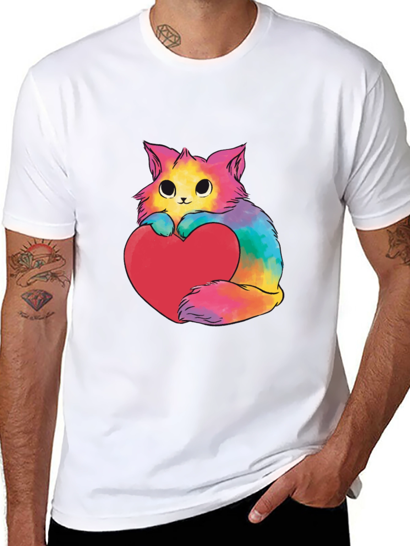 Black Rainbow Cat Heart Graphic Tee - Unisex view 8