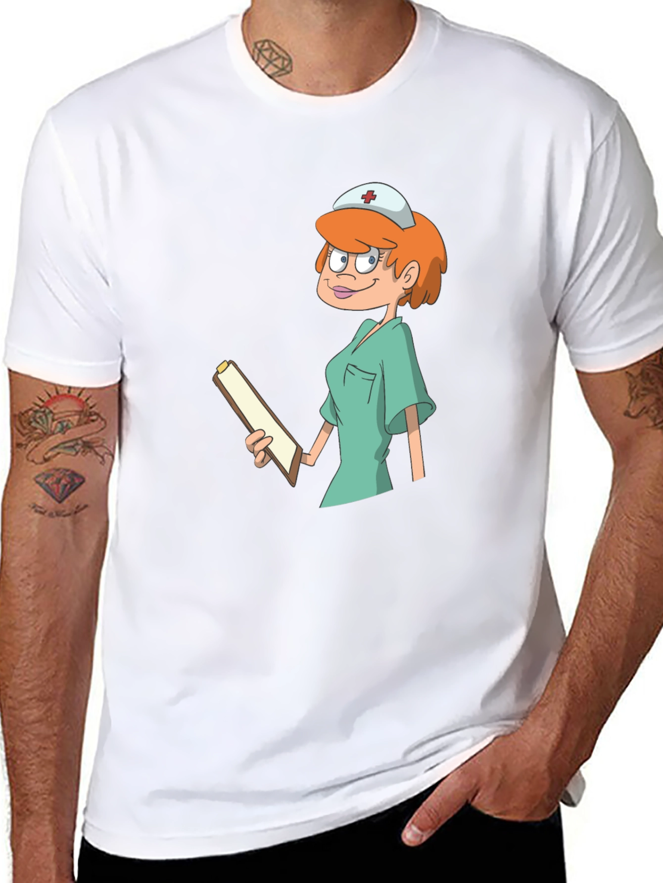 Black Cartoon Nurse Graphic Tee - Unisex Cotton T-Shirt view 8