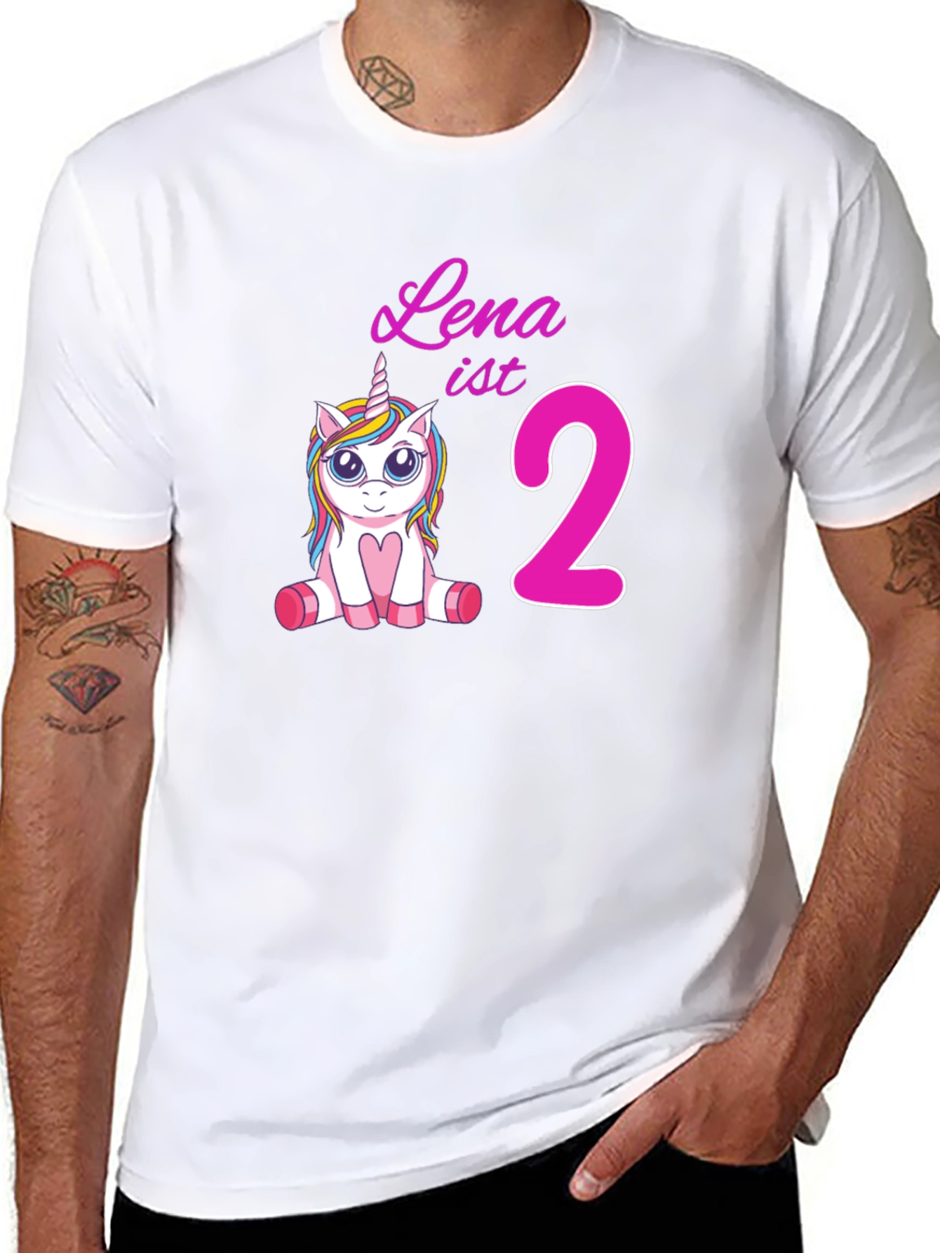 Black Cute 'Lena is 2' Unicorn Birthday Black T-Shirt view 8