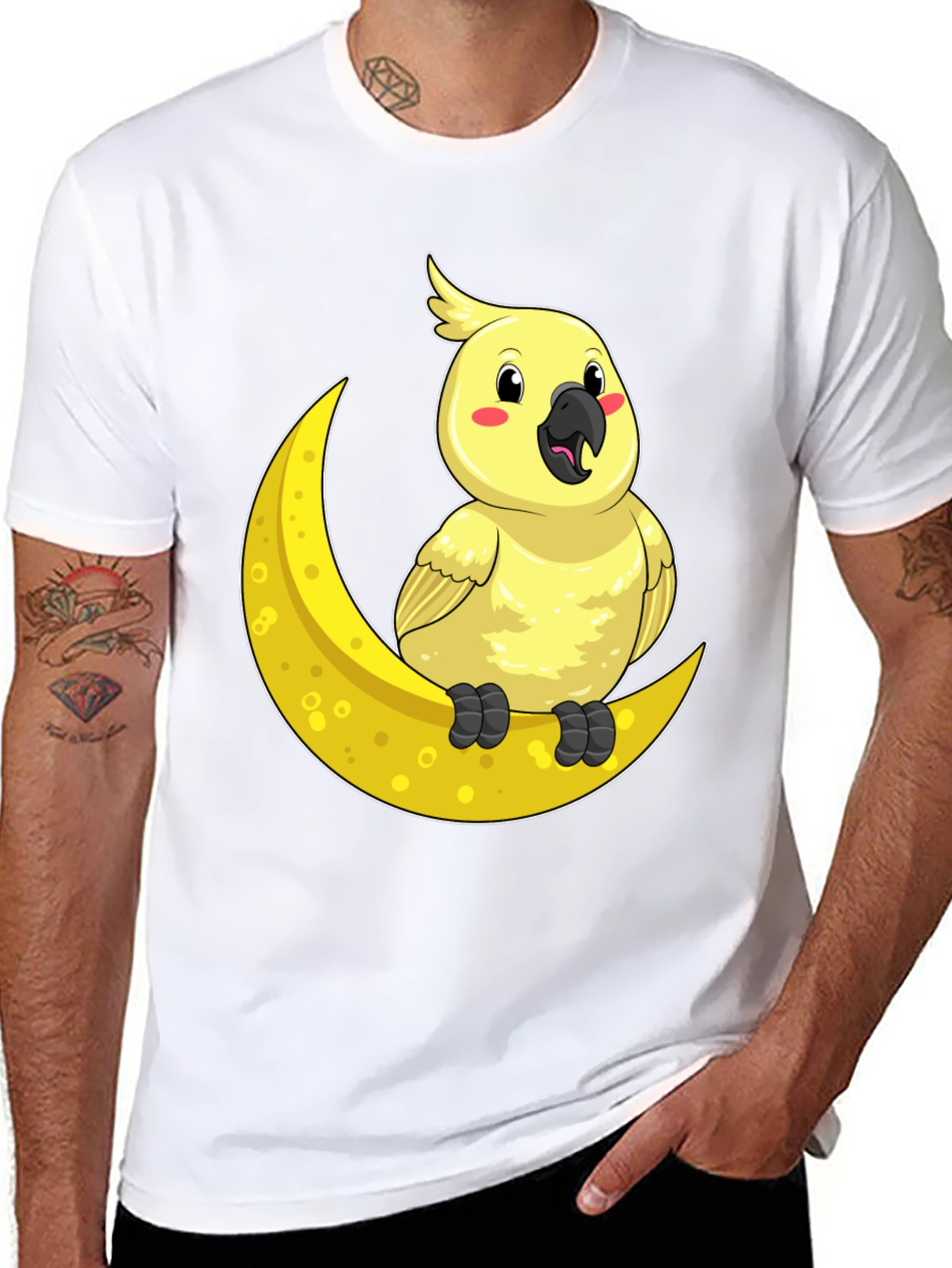 Black Cute Cockatiel On Moon T-Shirt - Soft Cotton, Unique Design view 8