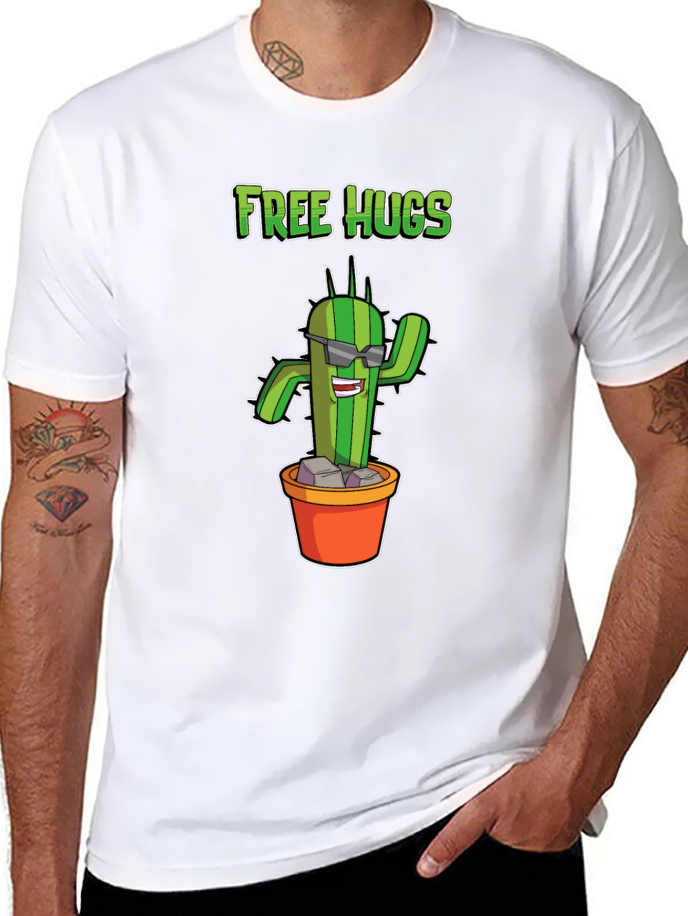 Black Funny Cactus Free Hugs Graphic T-Shirt view 8