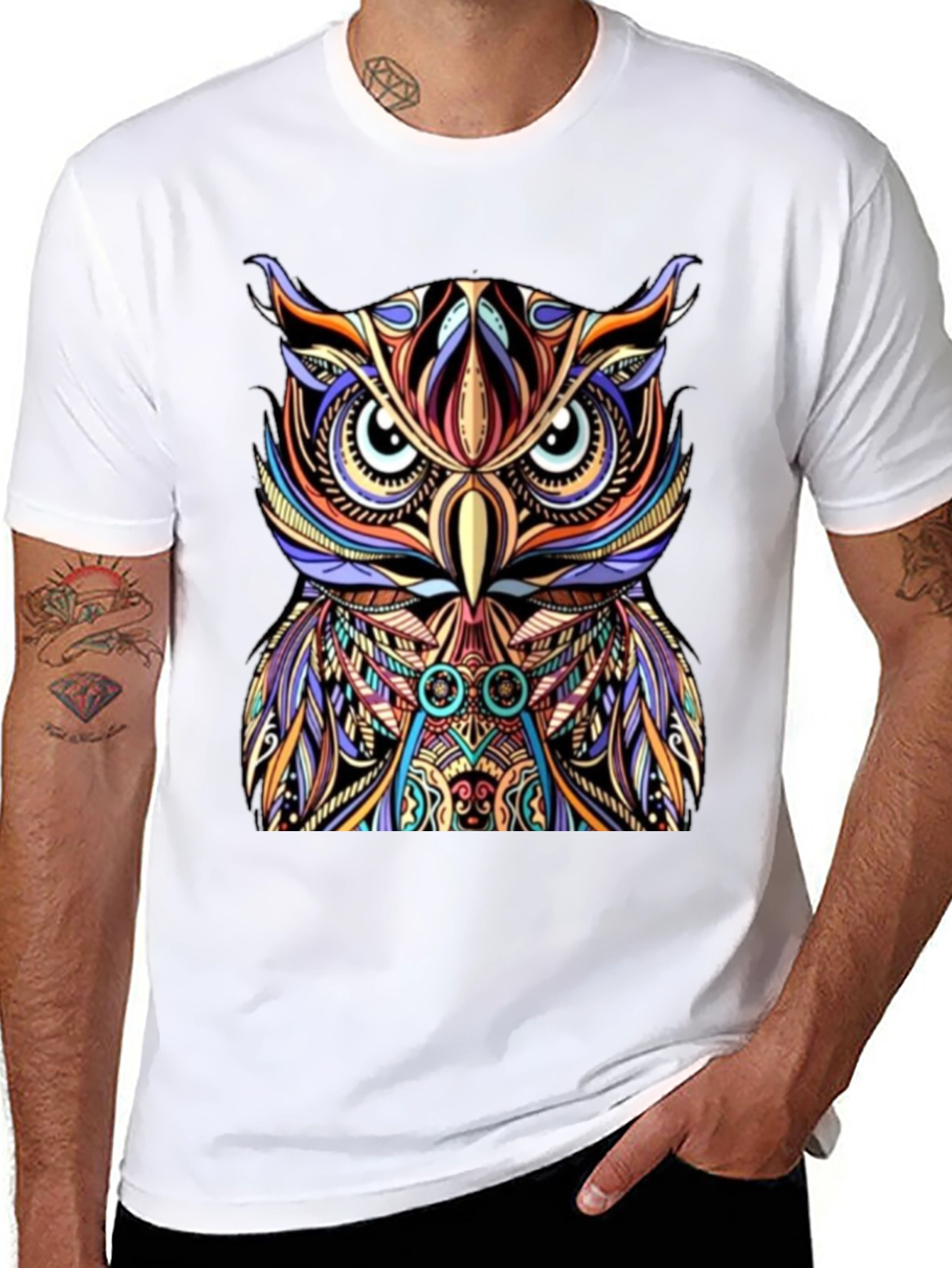 Black Colorful Owl Graphic Print Tee view 8