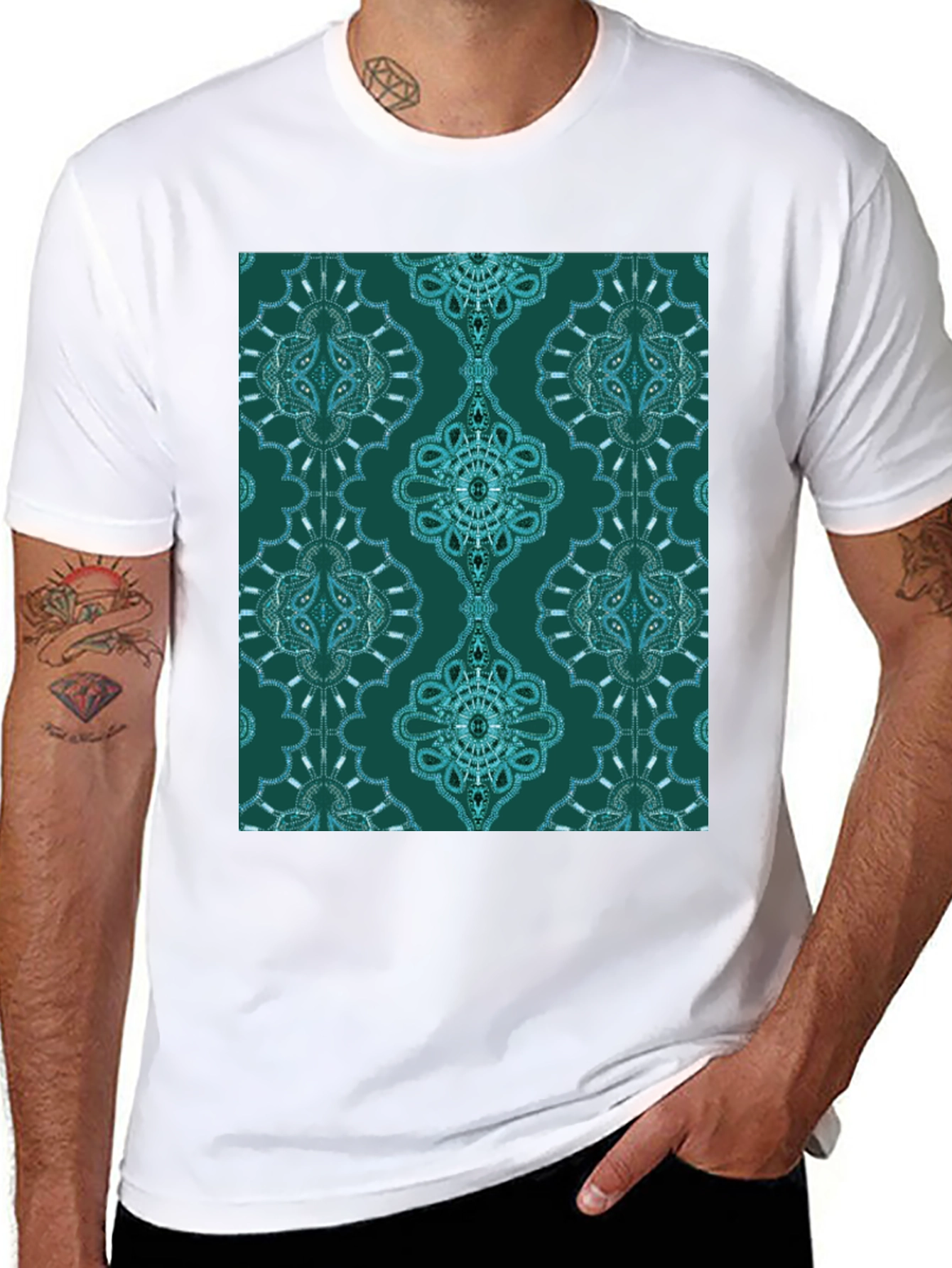 Black Stylish Patterned Teal T-Shirt view 8