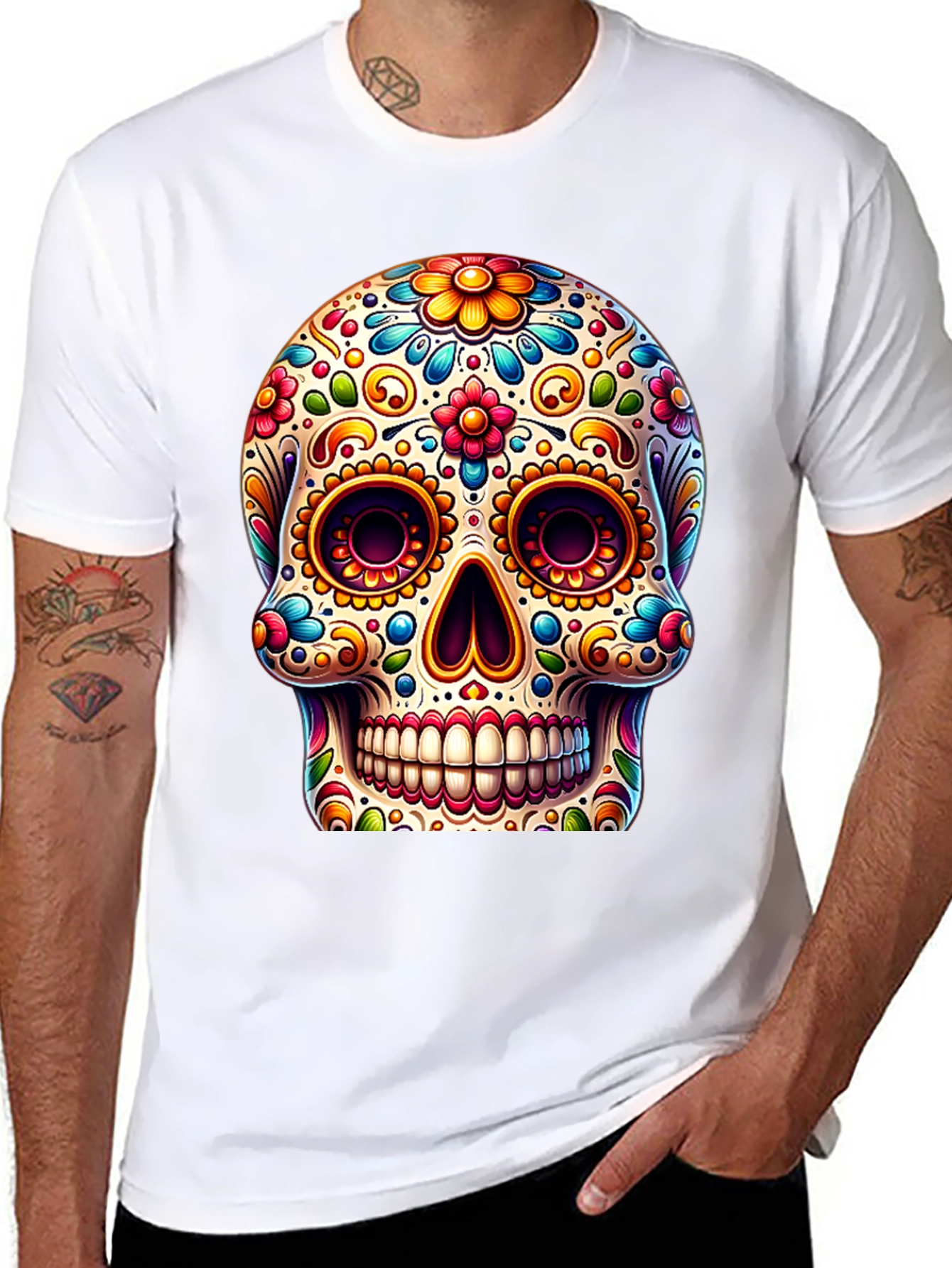 Black Sugar Skull T-Shirt: Colorful Day of the Dead Design view 8