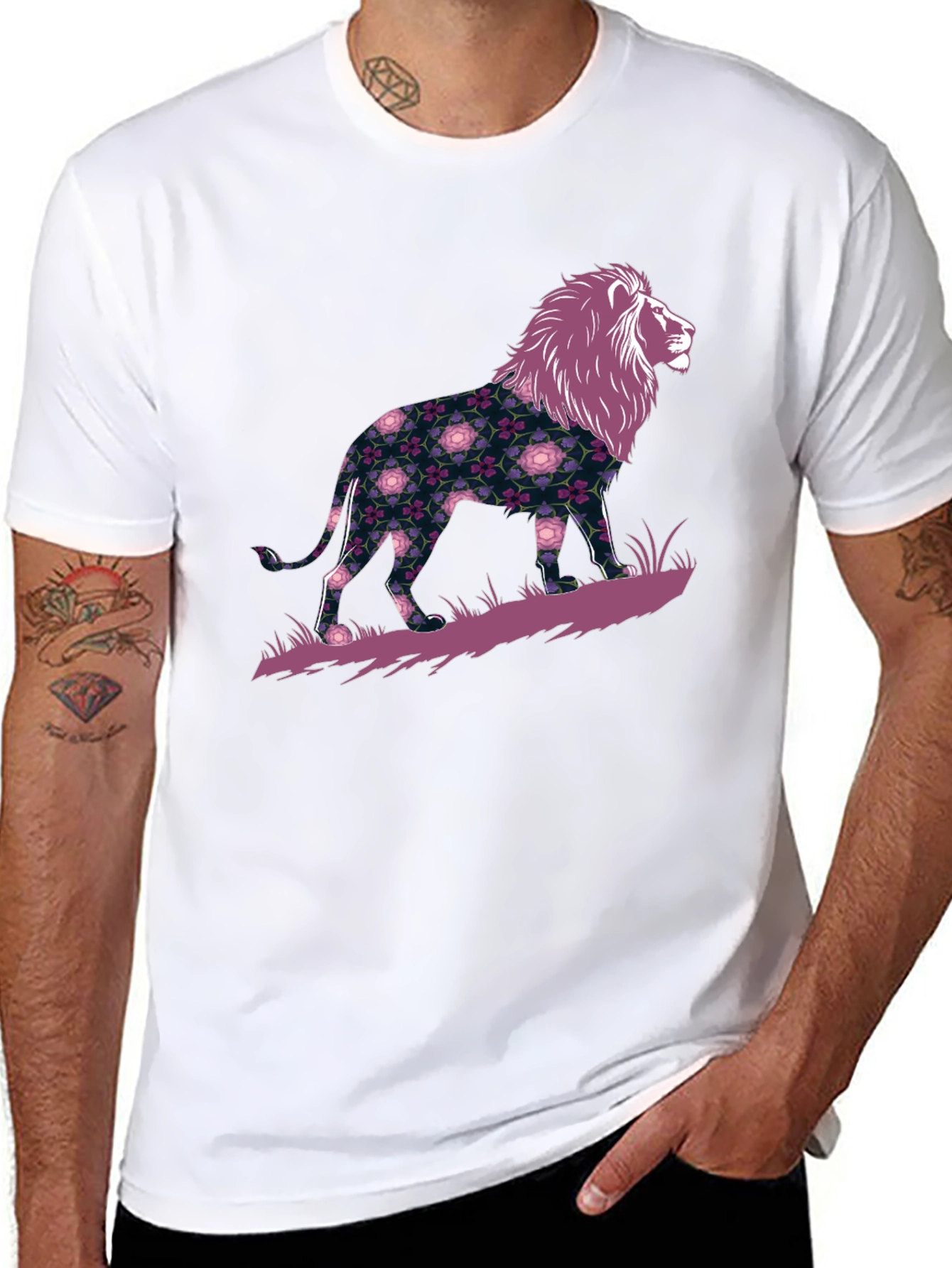 Black Floral Lion Graphic Tee - Men's Black T-Shirt view 8
