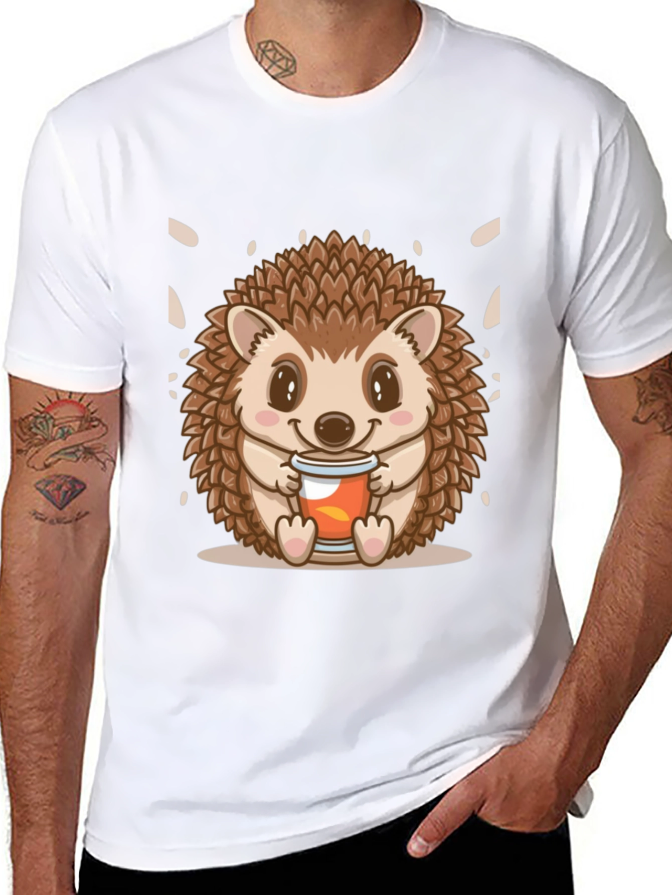 Black Cute Hedgehog Holding Drink Graphic Tee - Black view 8
