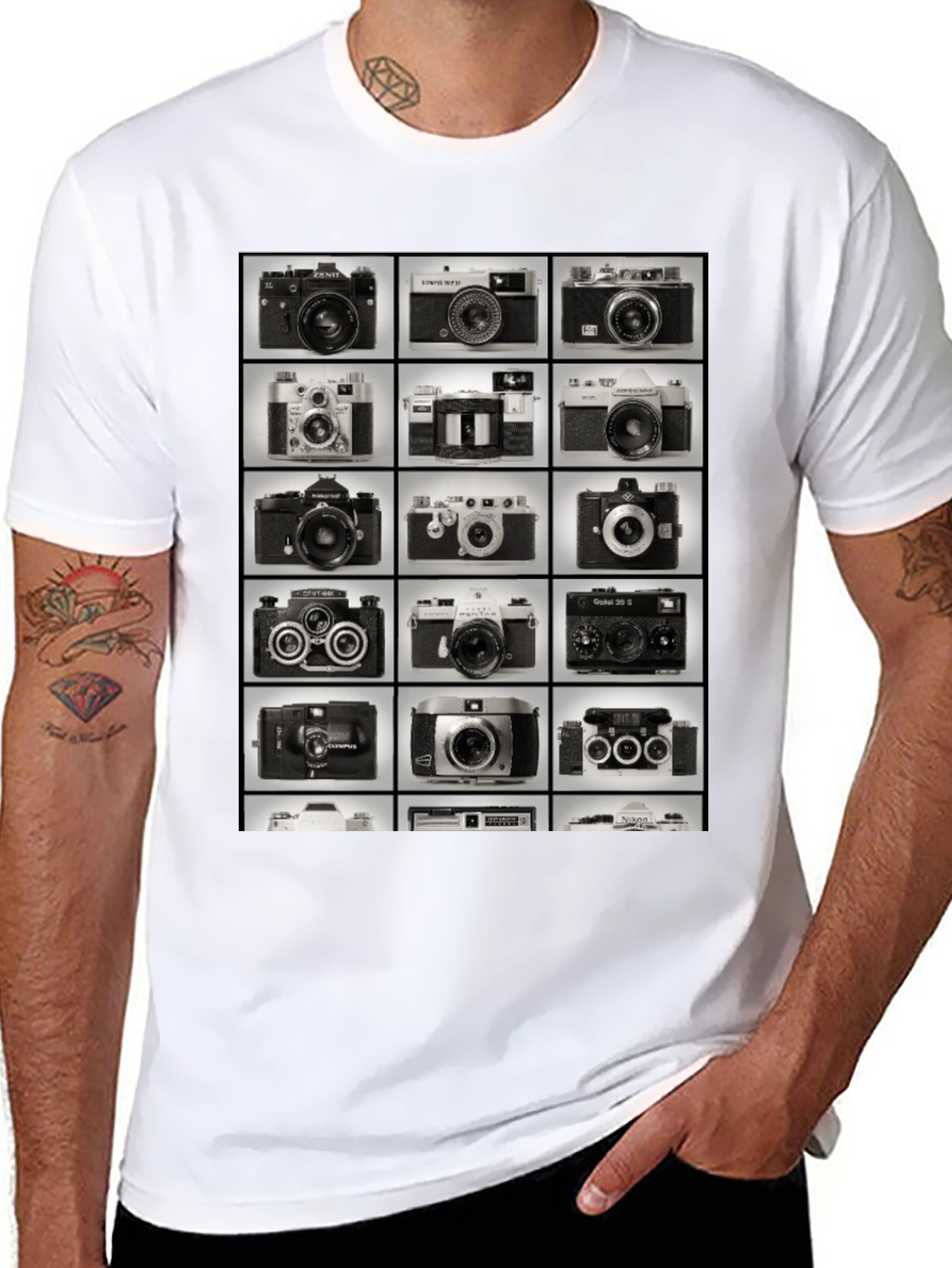 Black Vintage Camera Collage Graphic T-Shirt view 8