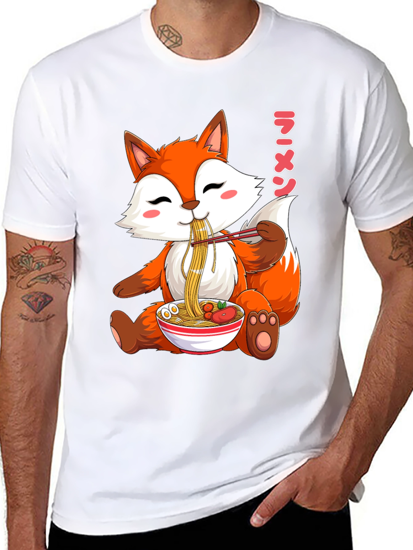 Black Cute Fox Ramen T-Shirt, Kawaii Anime Tee view 8