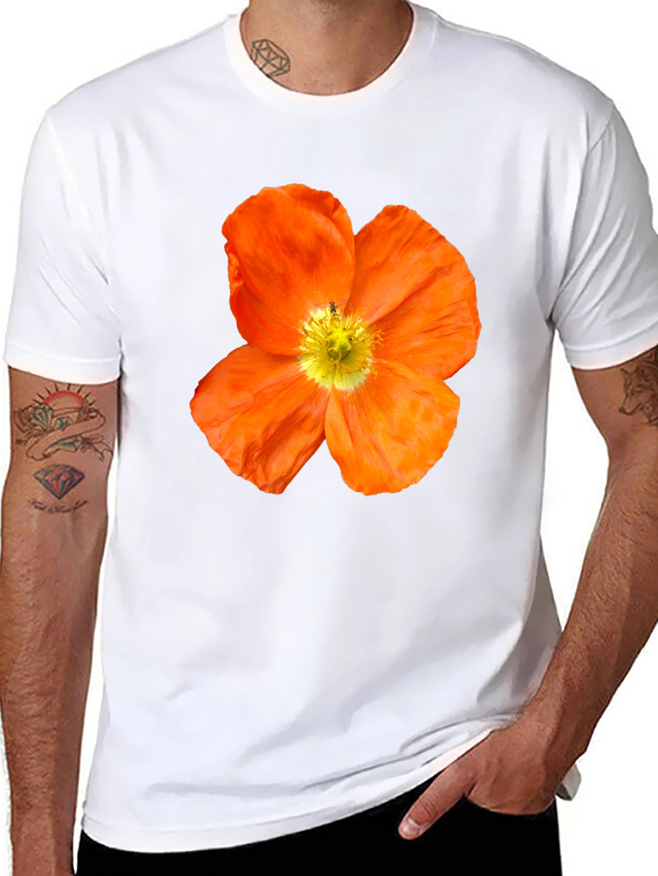 Black Floral Print T-Shirt - Bold Orange Poppy Design view 8