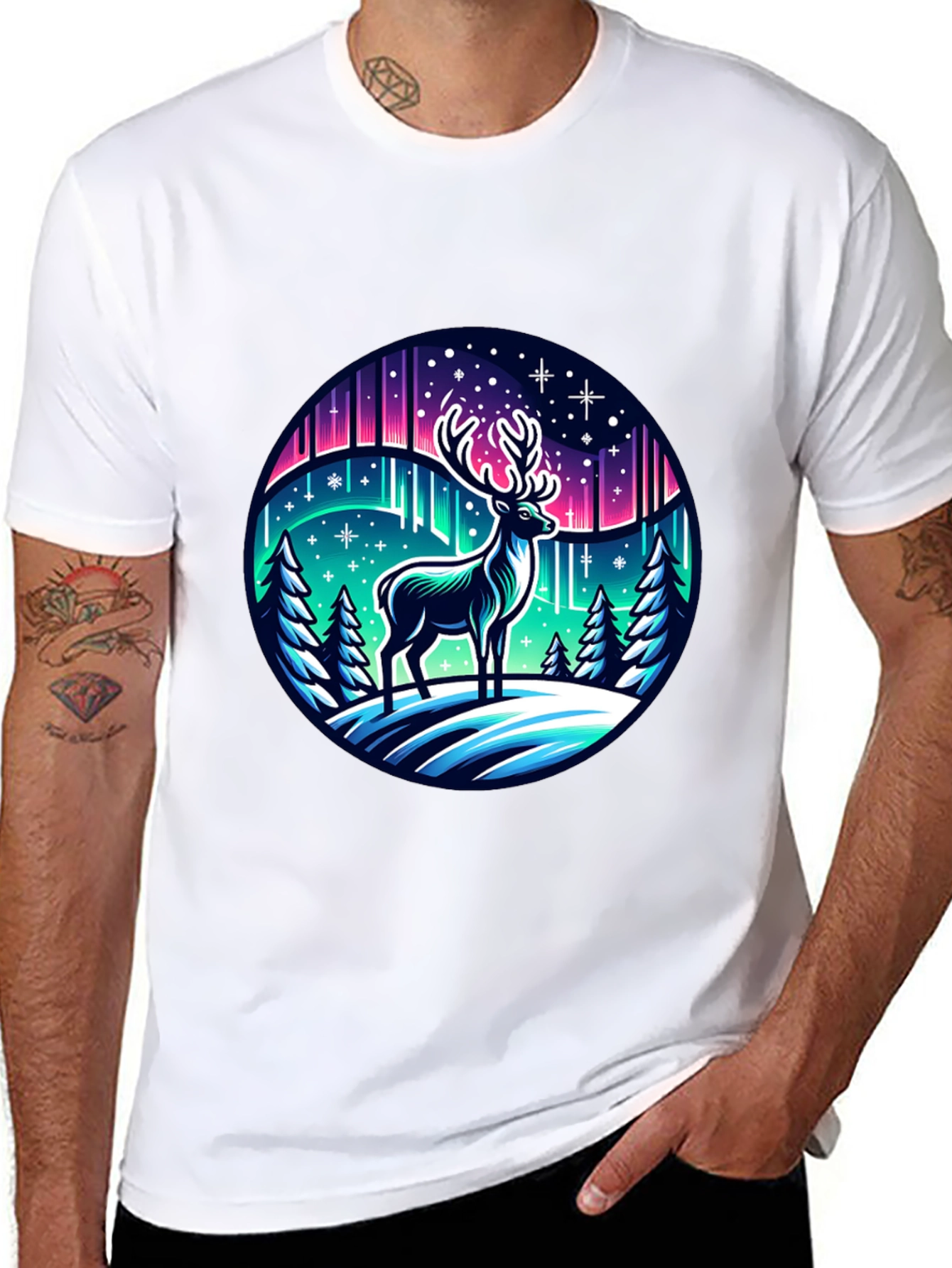 Black Winter Deer Graphic Tee - Northern Lights Design view 8