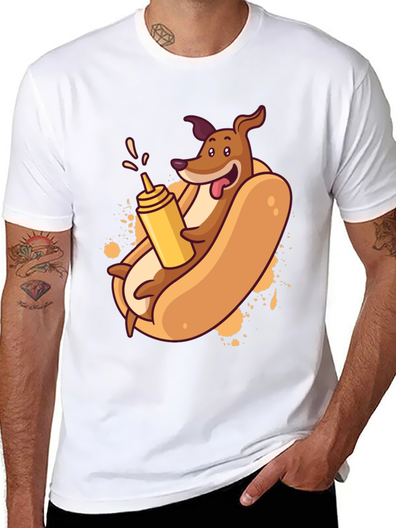 Black Funny Dachshund Hot Dog Cartoon T-Shirt view 8
