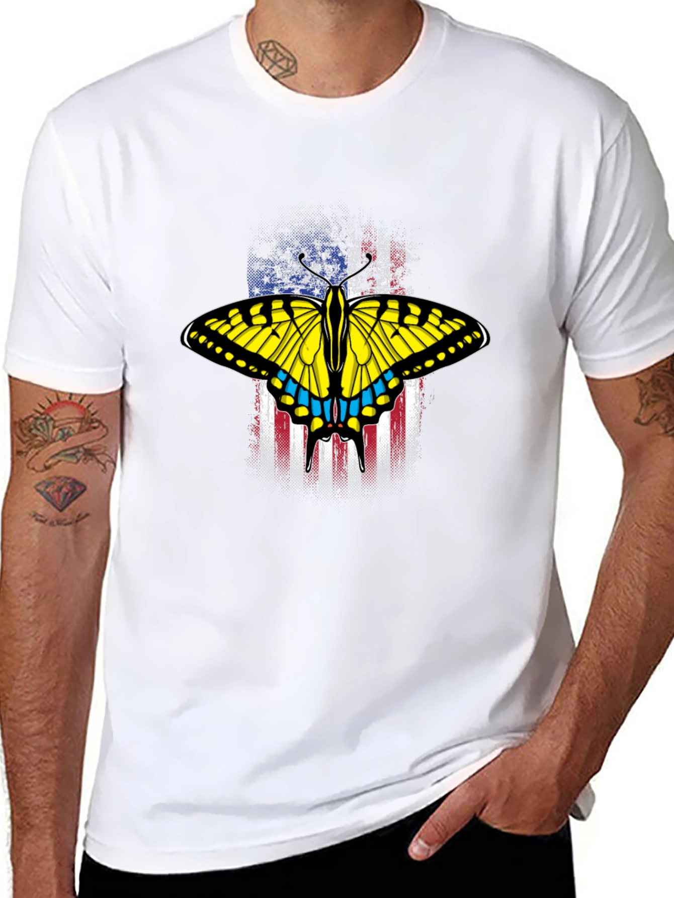 Black American Flag Butterfly Graphic T-Shirt view 8