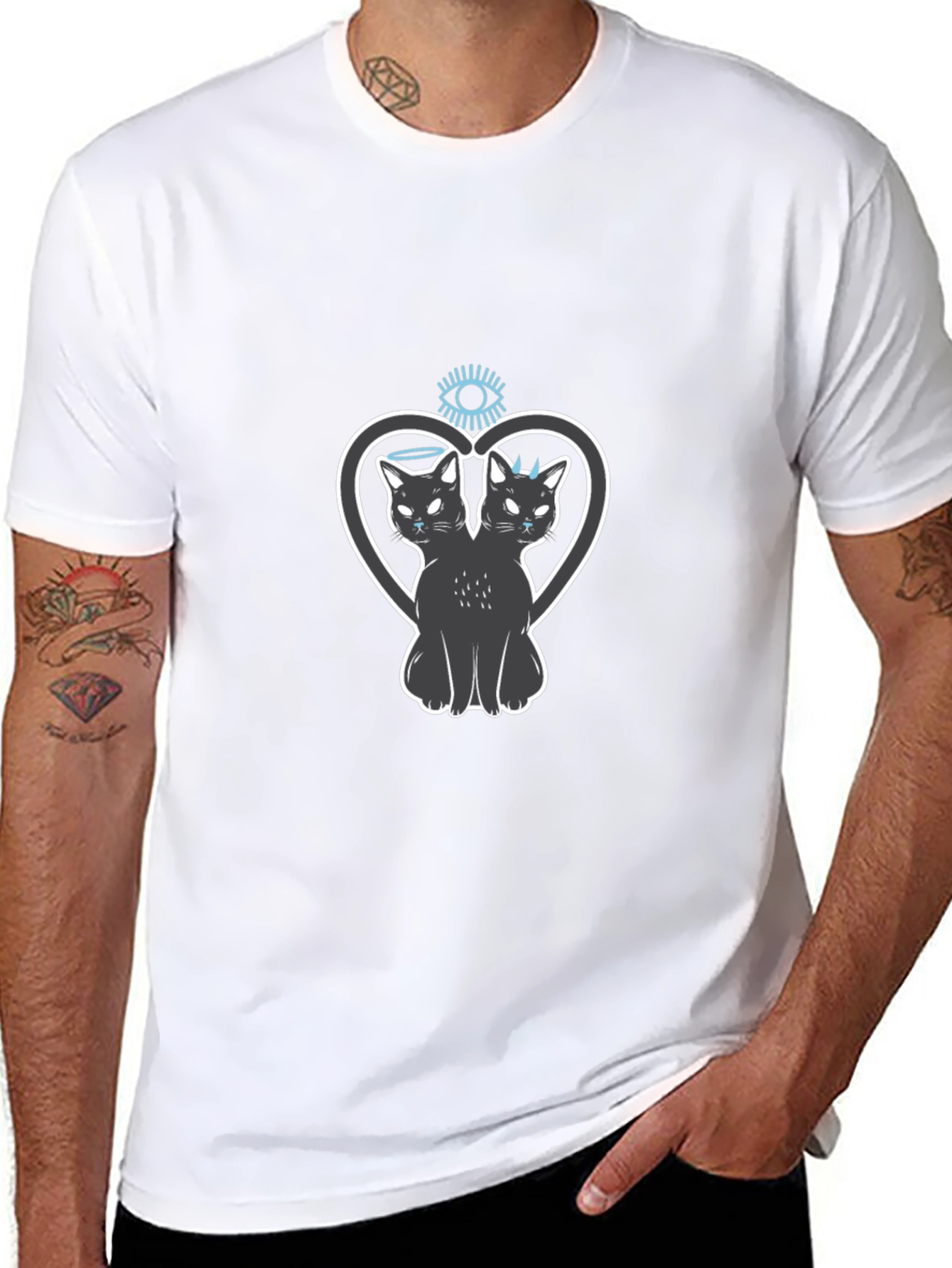 Black Two-Headed Cat Heart Graphic Tee view 8