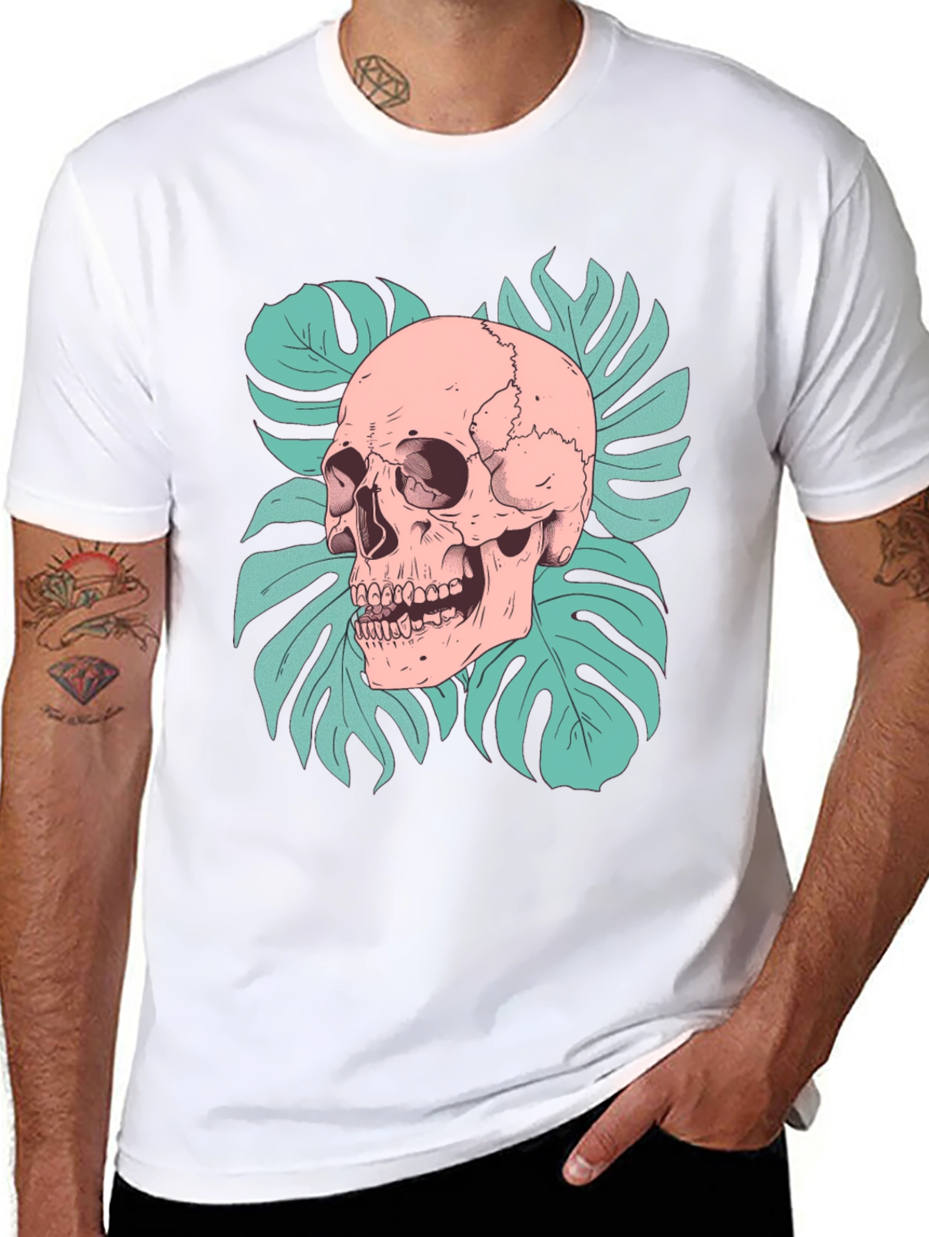 Black Skull & Monstera Leaf Graphic Tee - Black view 8