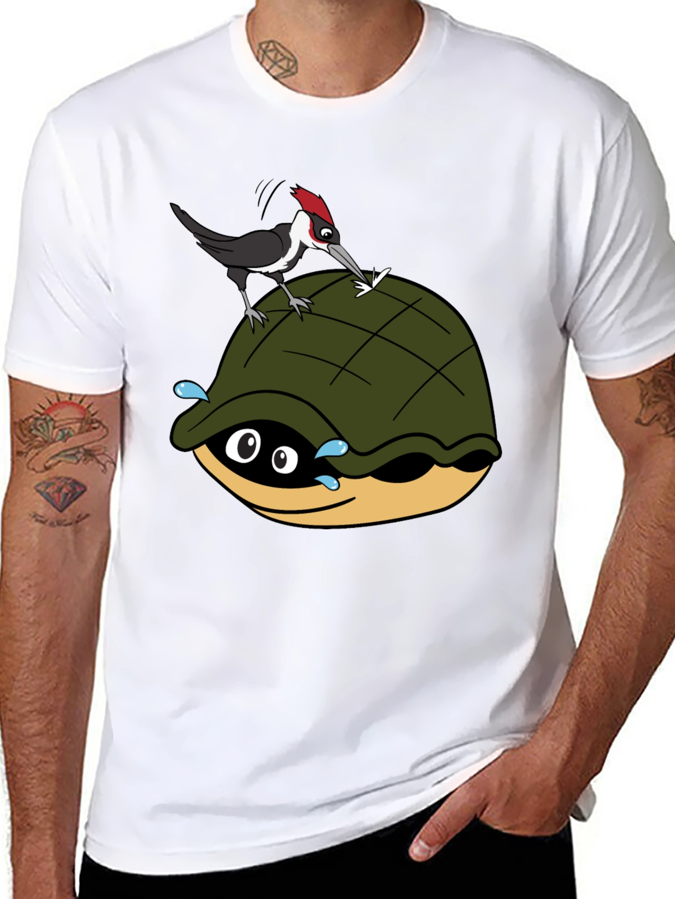 Black Cartoon Turtle and Woodpecker Graphic Tee view 8