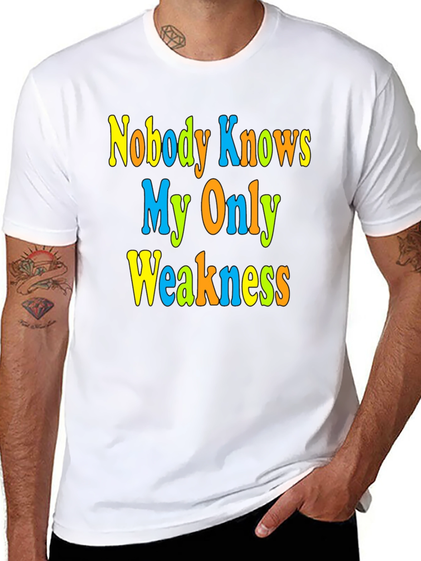 Black Funny Novelty Graphic Tee - Nobody Knows My Only Weakness view 8