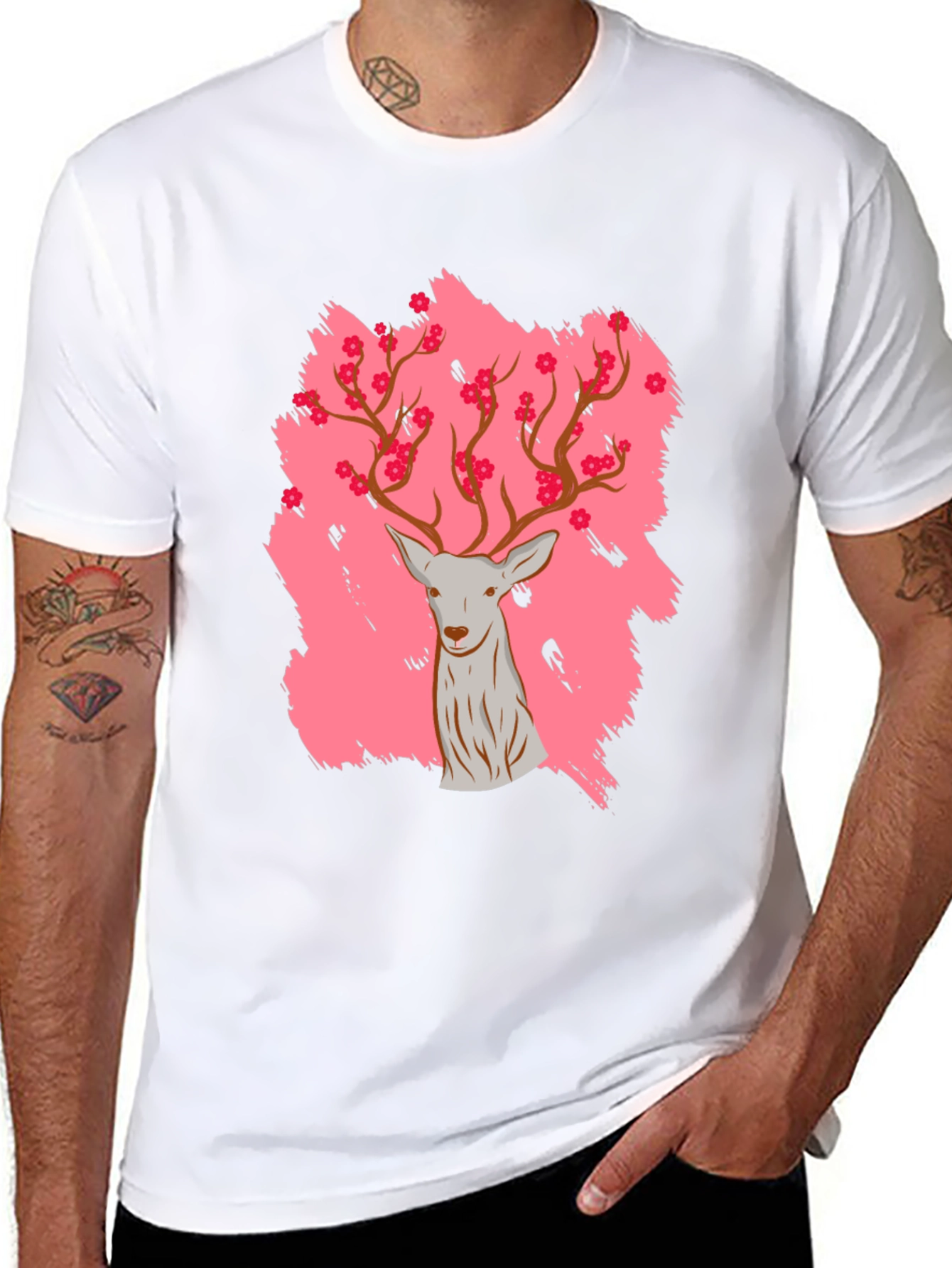 Black Deer with Floral Antlers Graphic Black T-Shirt view 8