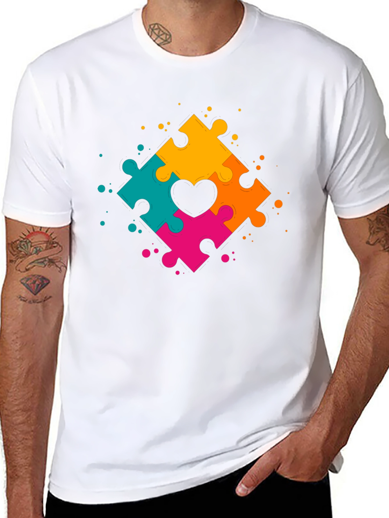Black Autism Awareness Puzzle Heart T-Shirt view 8