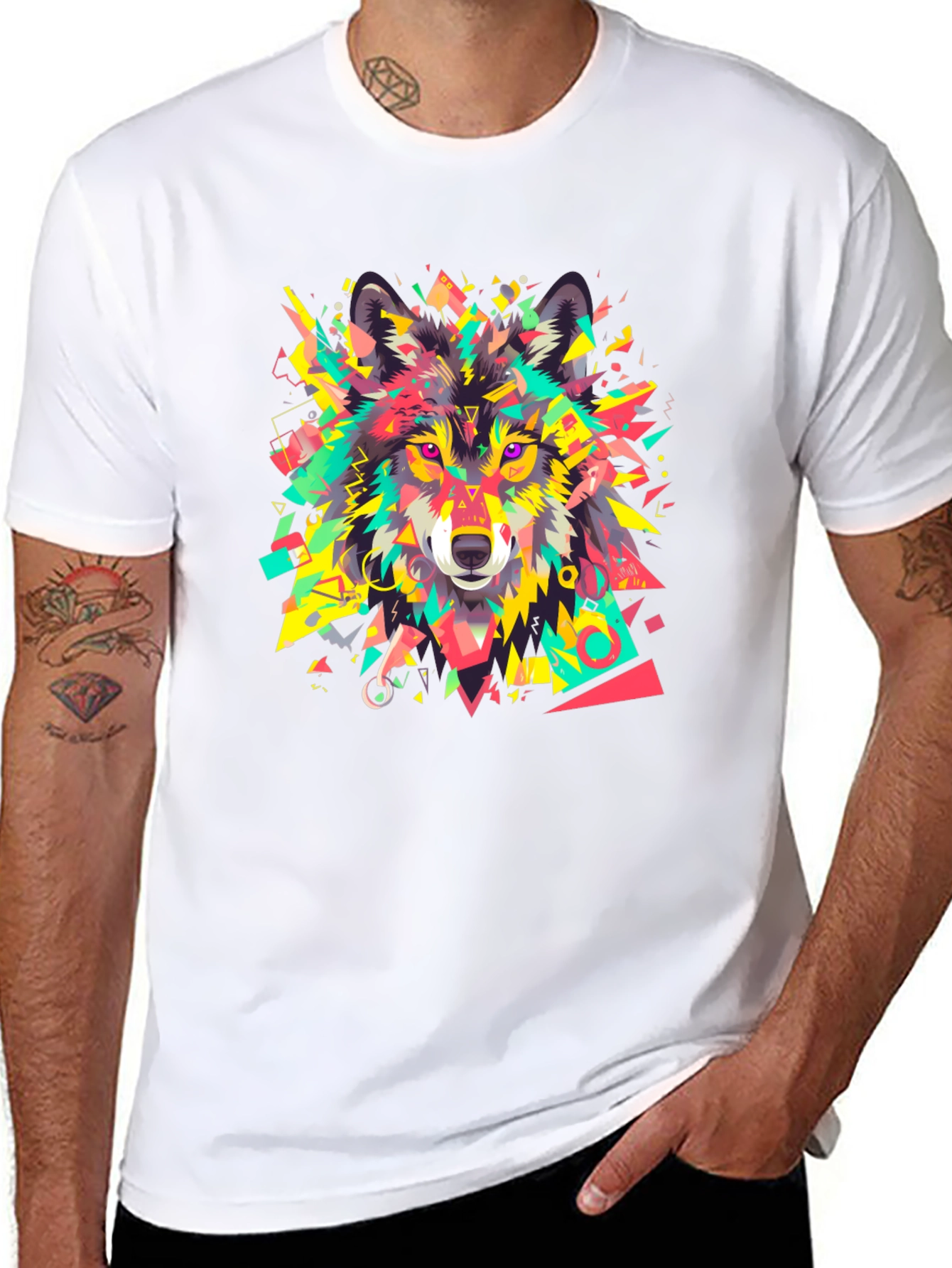 Black Geometric Wolf Graphic Black T-Shirt view 8