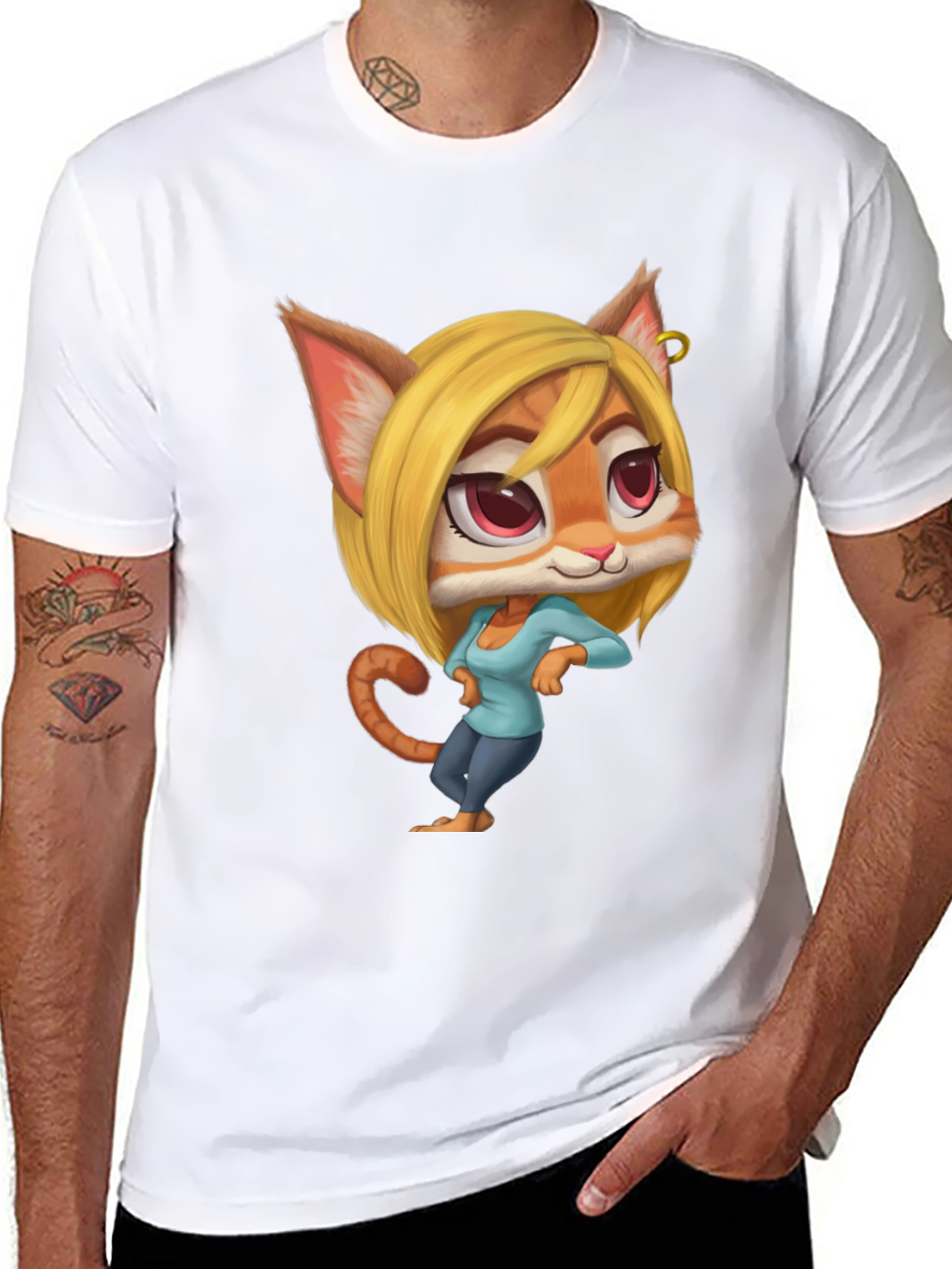Black Cartoon Cat Girl T-Shirt - Unique Design view 8