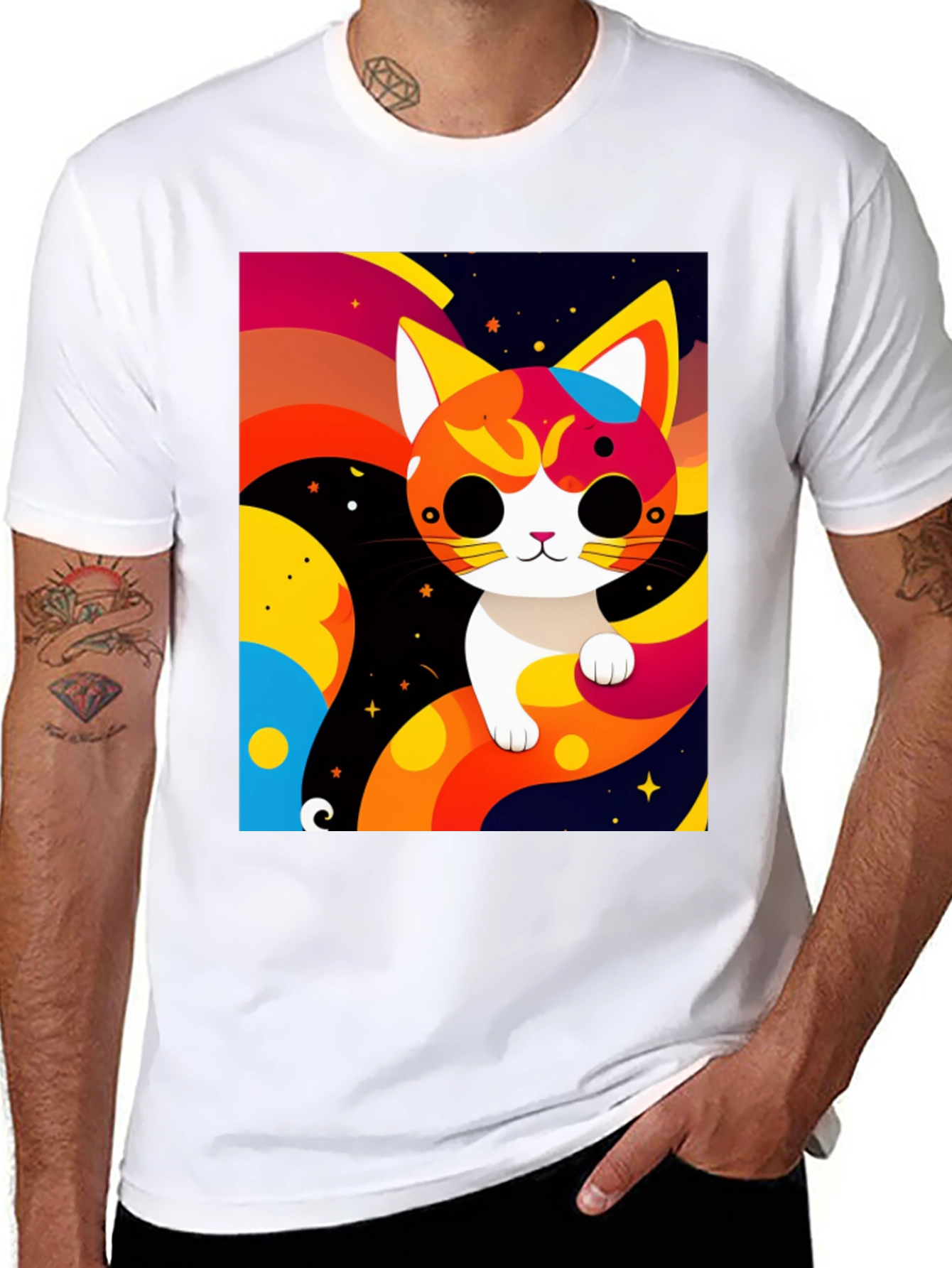 Black Cartoon Cat Graphic Tee - Modern Artistic Design view 8