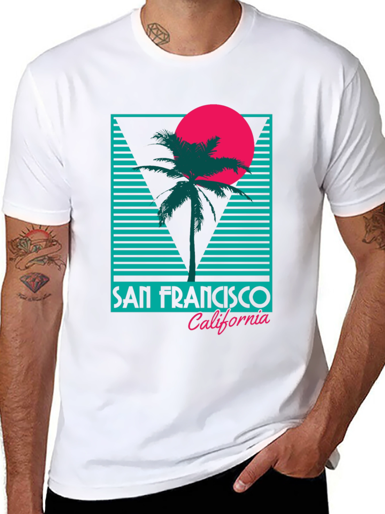 Black Retro San Francisco T-Shirt Palm Tree Sunset Design view 8