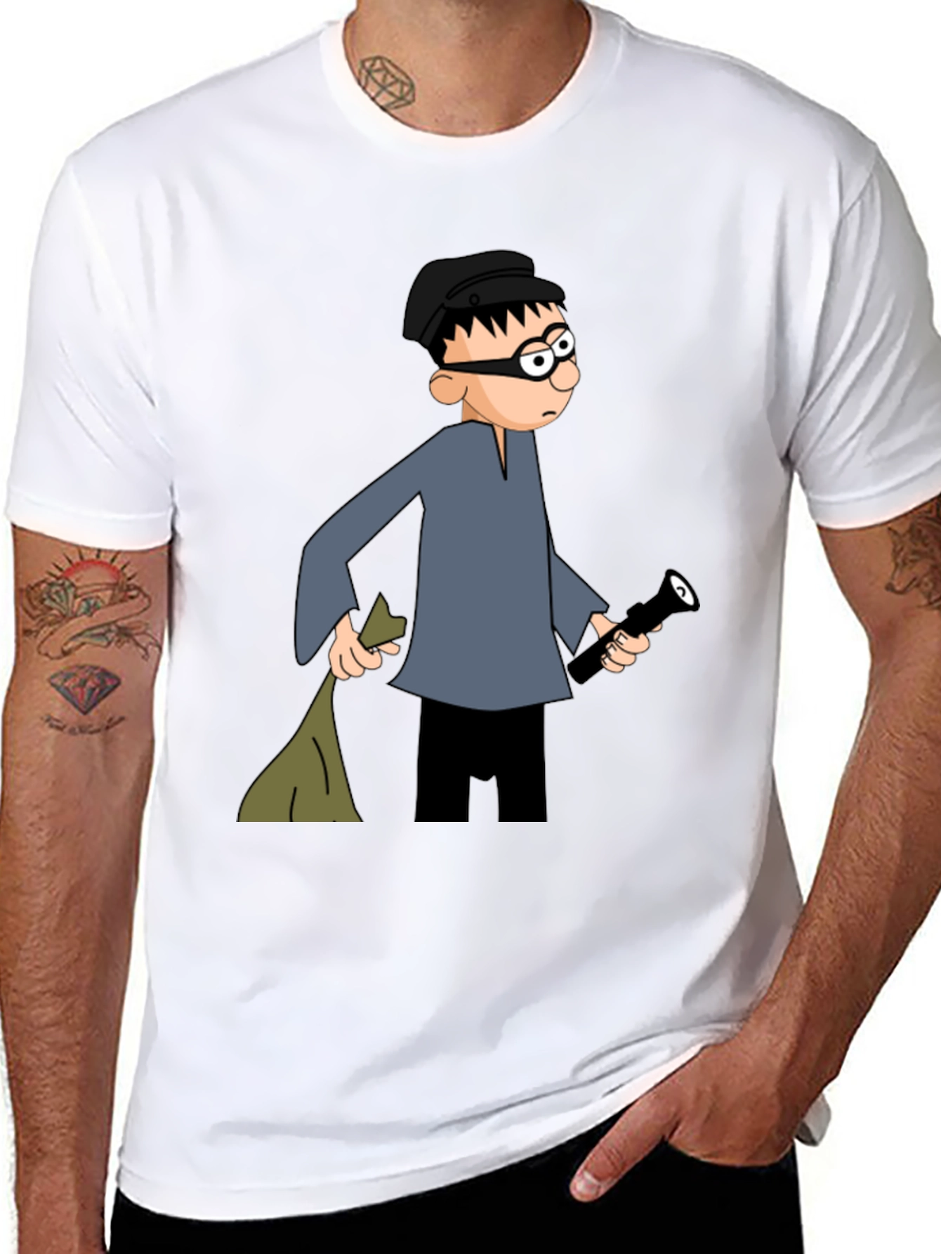 Black Cartoon Burglar Black T-Shirt view 8
