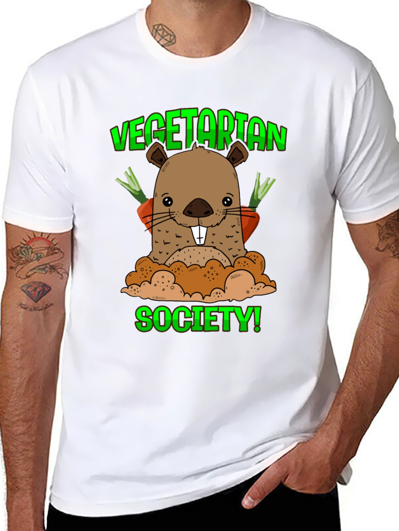 Black Vegetarian Society T-Shirt with Groundhog Graphic view 8