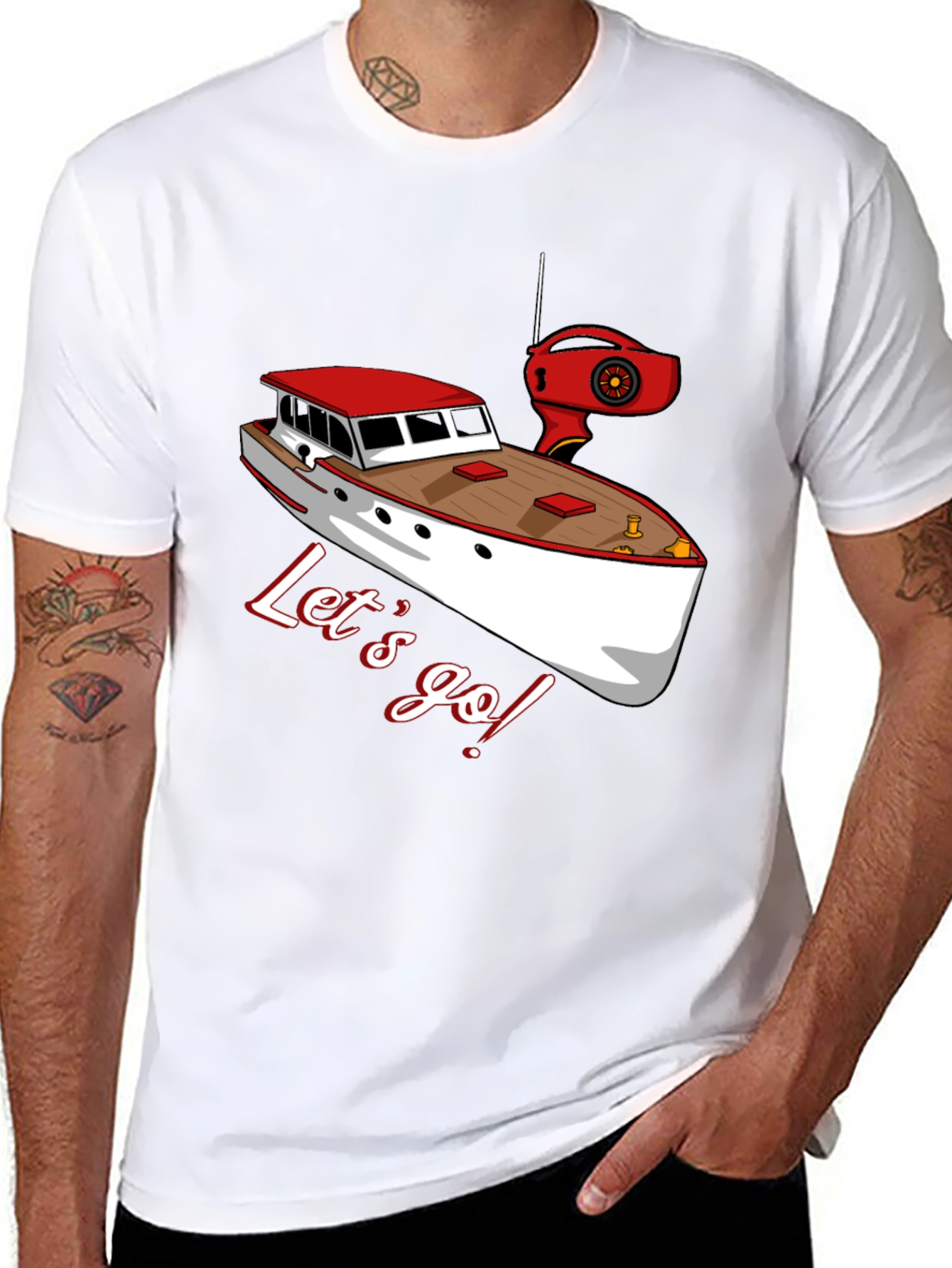 Black Let's Go Boating T-Shirt: Red & White Boat Graphic view 8