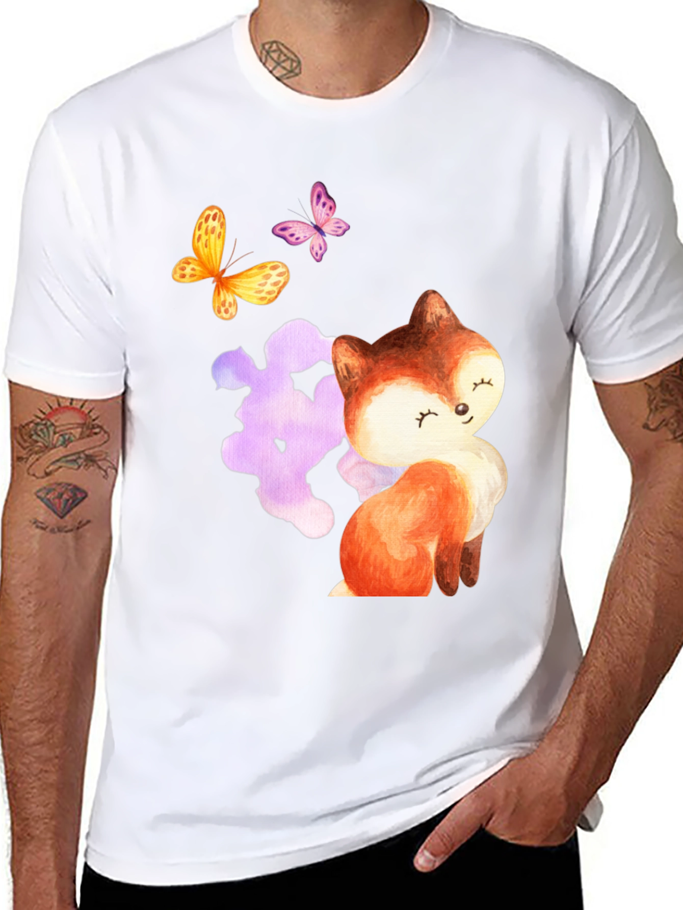 Black Cute Fox & Butterfly Graphic Tee - Stylish Comfort view 8